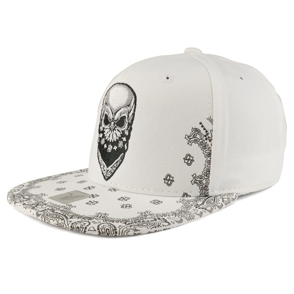 Trendy Apparel Shop Skull Bandana Embroidered Snapback with Paisley Print Flatbill Cap - White