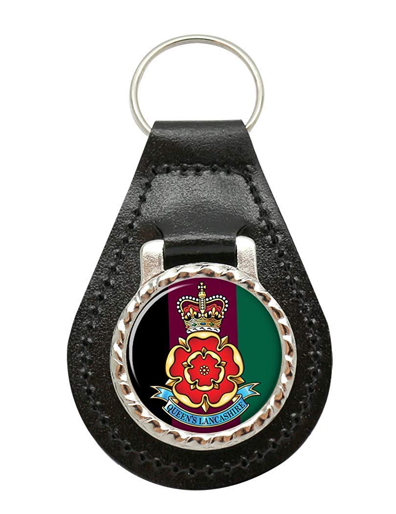 Giftshop Uk Unisex Black Leather And Silver Metal Queen's Lancashire Regiment, British Army Leather Key Fob