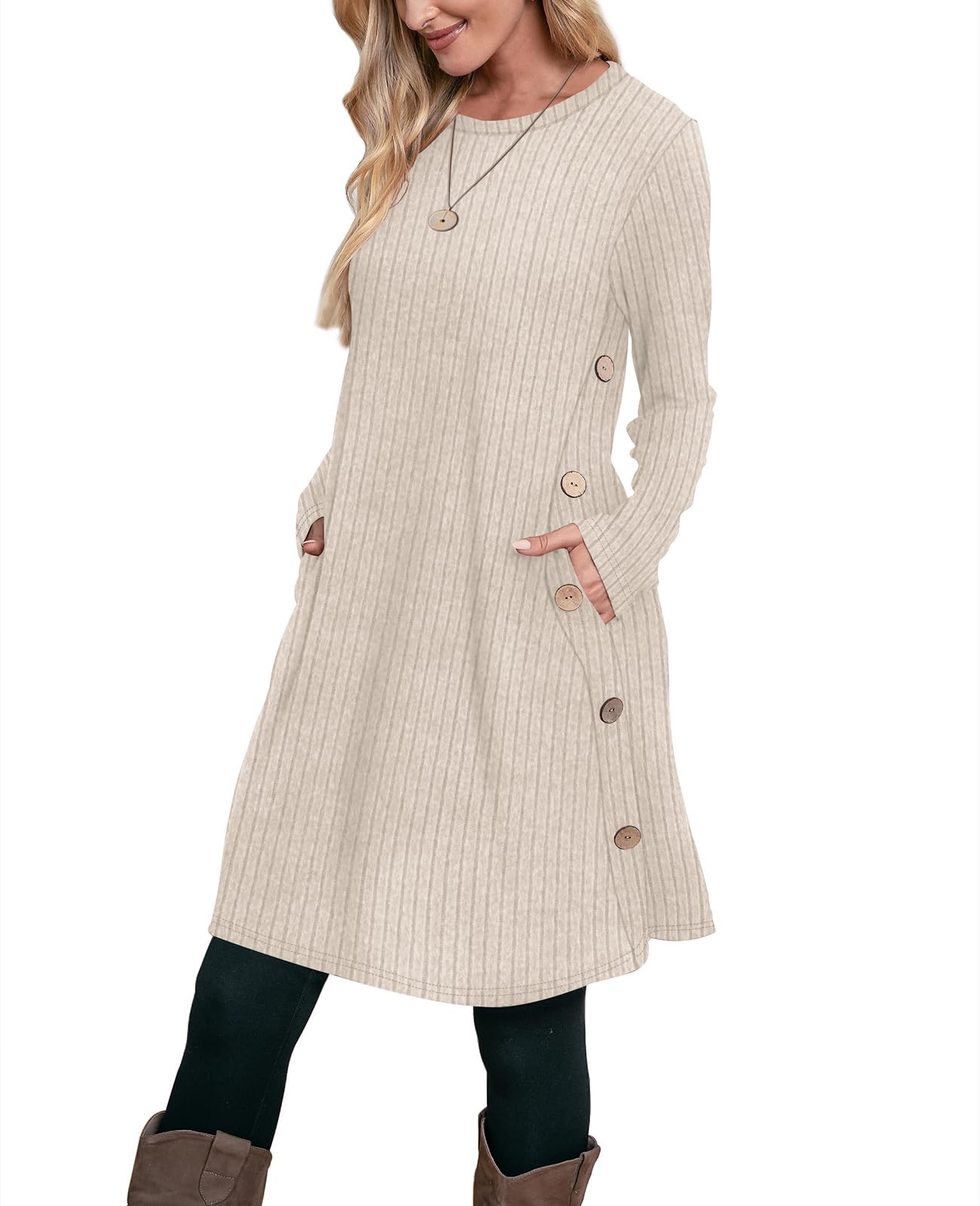 Fall Dresses for Women 2026 Crew Neck Long Sleeve Dress with Pockets