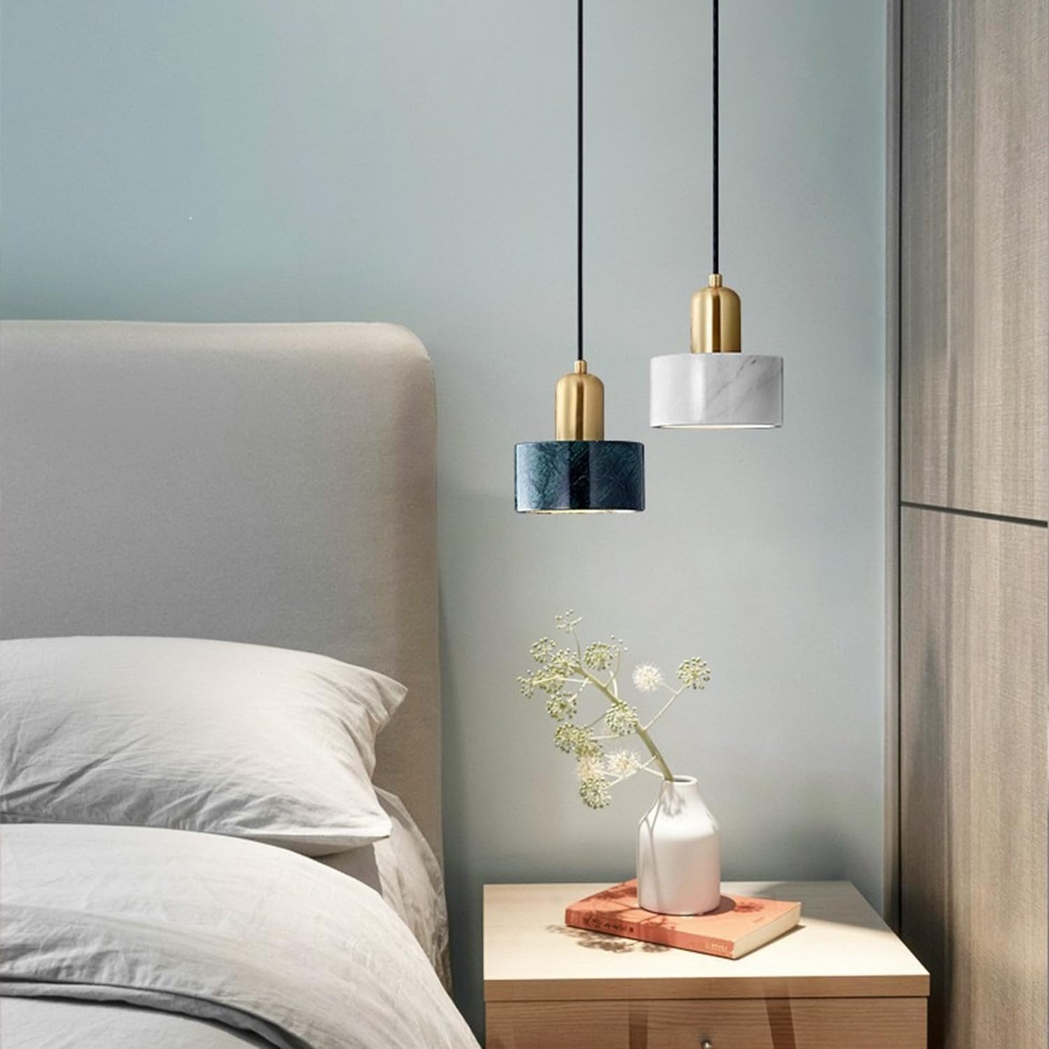 Lampadari a sospensione in marmo naturale 5,9 pollici Lampada a Lampadario Texture Paralume in pietra con base in rame spazzolato Stile spagnolo scandinavo cablato for isola cucina(Blue)