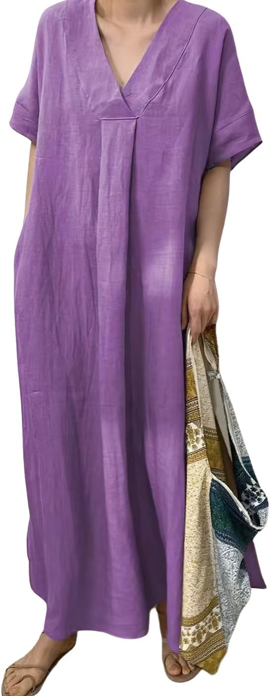 chouyatou Women's Summer Casual Loose Cotton Linen Dress Short Sleeve Long Maxi Dress with Pockets