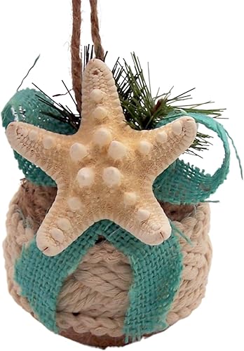 Needzo Decoración navideña náutica colgante, estrella de mar con cesta de cuerda de yute, decoración navideña temática de playa para interiores y