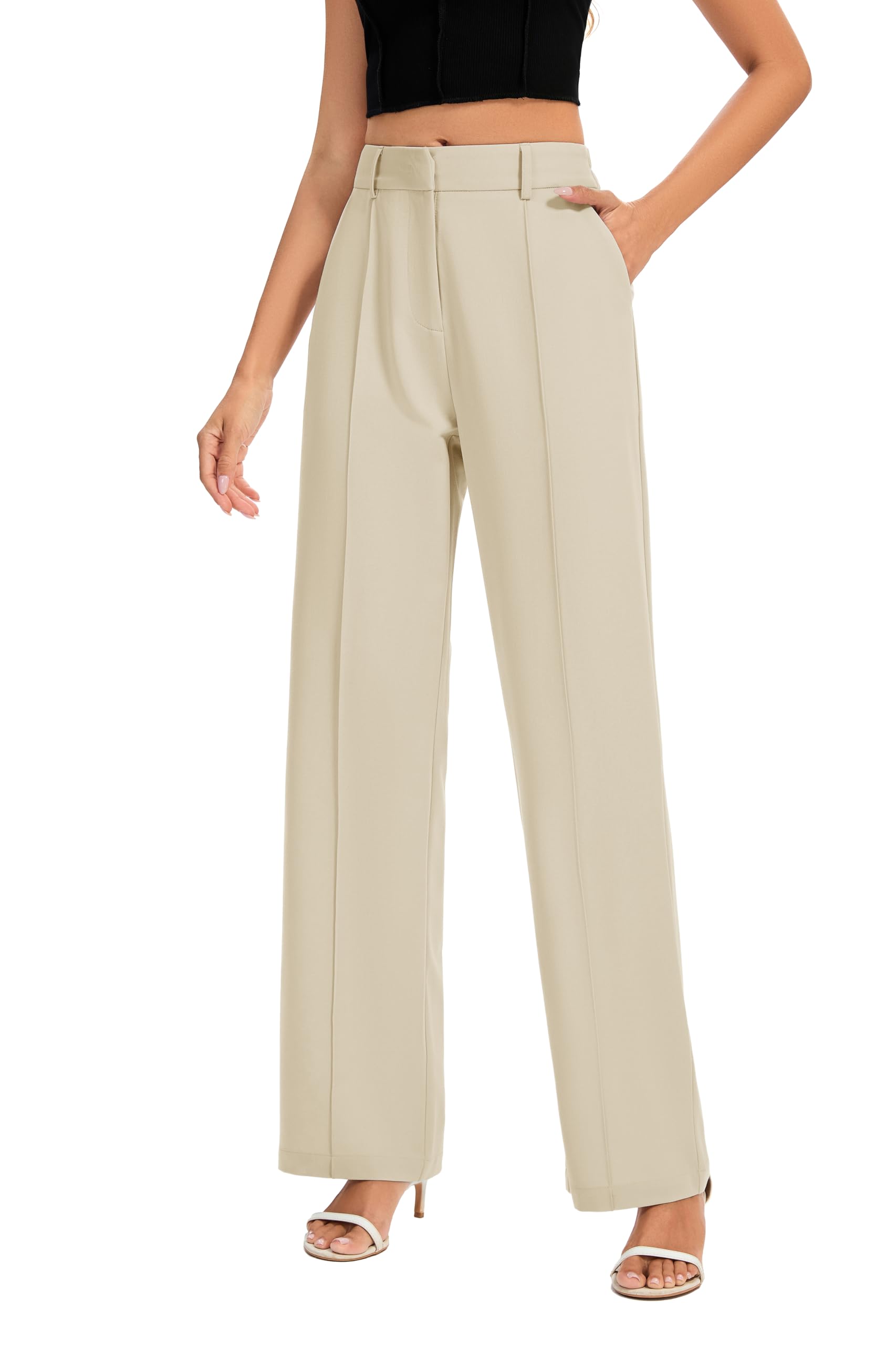 FUNYYZO Women Long Dress Pants High Waisted Work Pants Dressy Casual Straight Leg Elastic Waist Trousers
