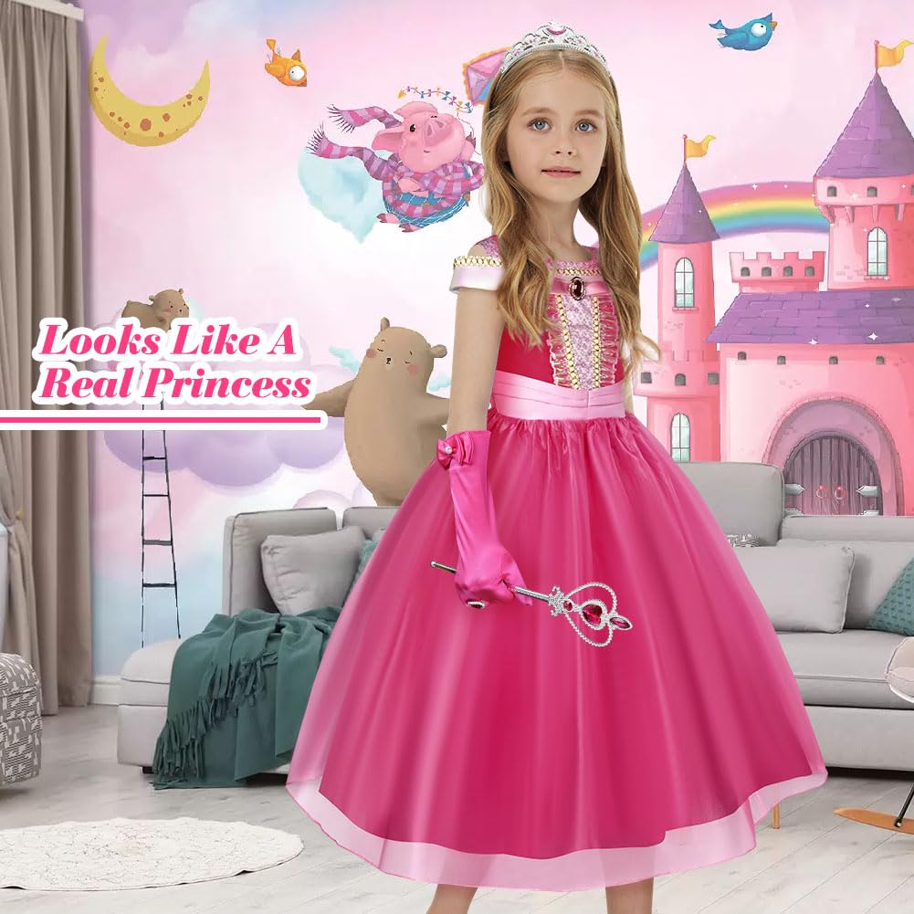 Robe de Princesse Filles, Déguisement de La Belle au Bois Dormant, Robe Rose de Princesse, Costume de Soirée Enfant pour Anniversaire Fête Halloween Noël Partie Carnaval
