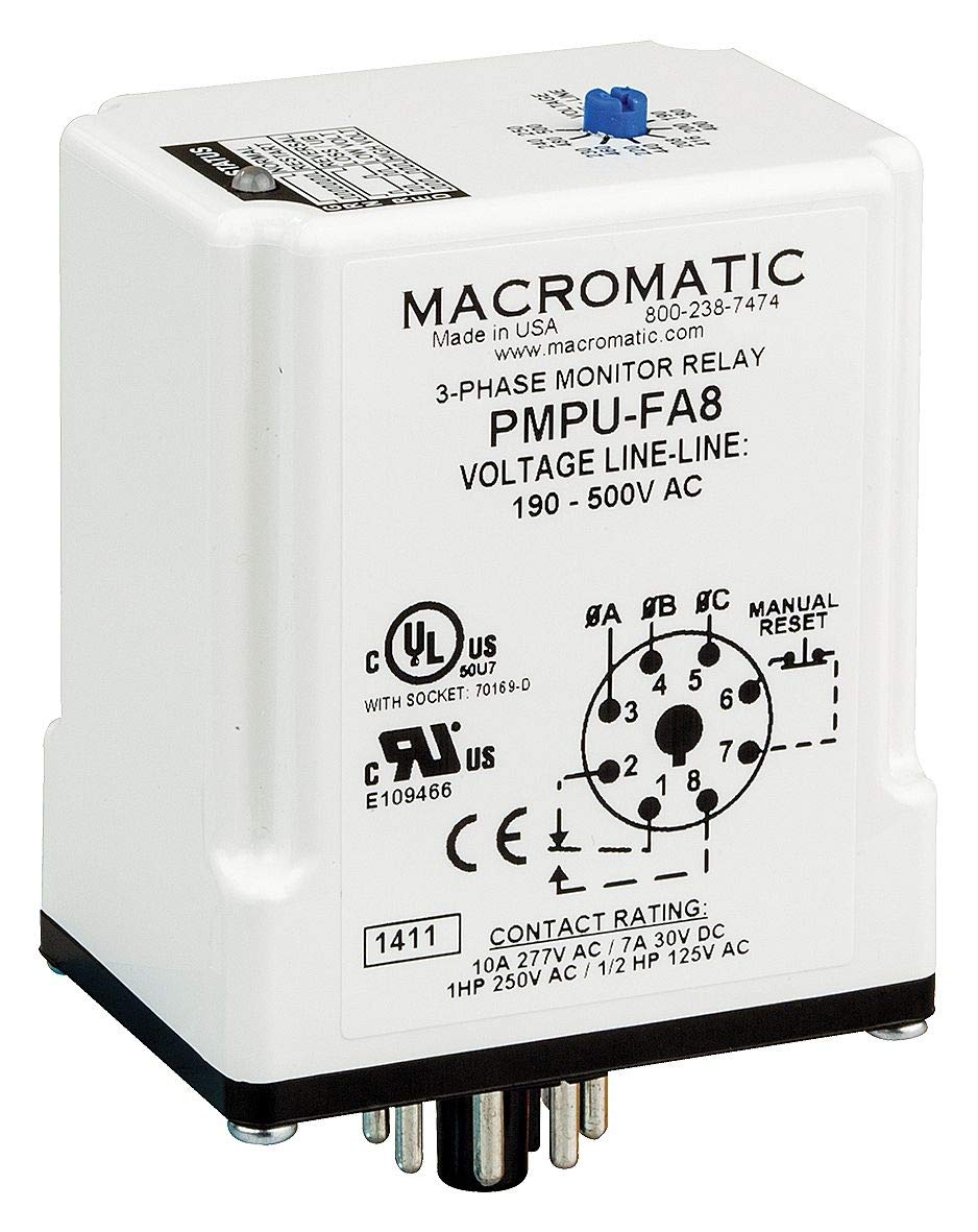 Macromatic Phase Monitor Relay, 190 to 500VAC Input Voltage, Contact Form: SPDT, Base Type: Octal - PMPU-FA8