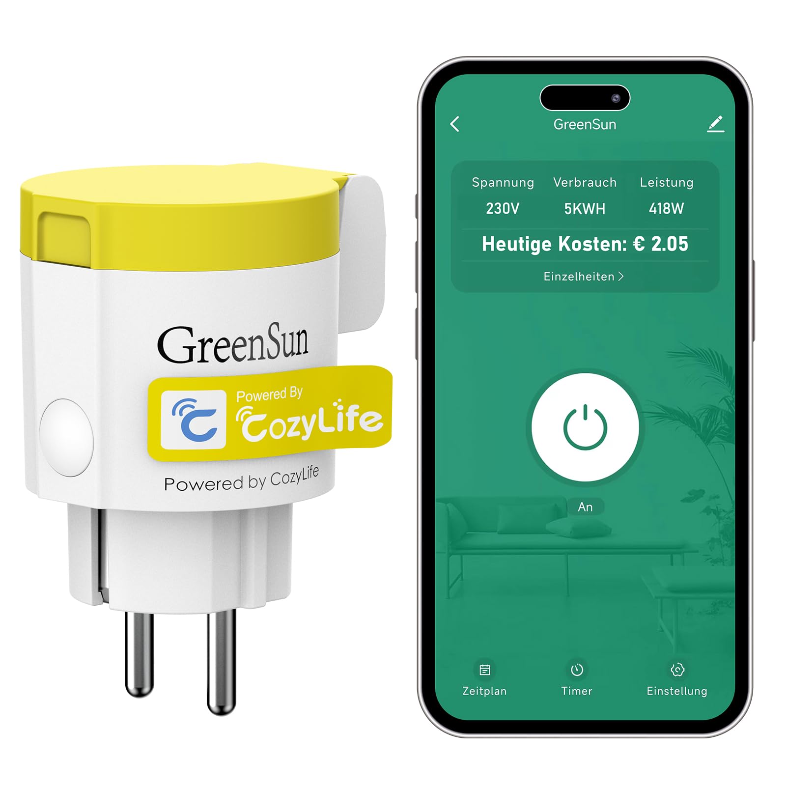 GreenSun Alexa Steckdose für den Außenbereich – WLAN-Steckdose CozyLife App, Messung des Verbrauchs, IP44, Gelb, 2,4 G