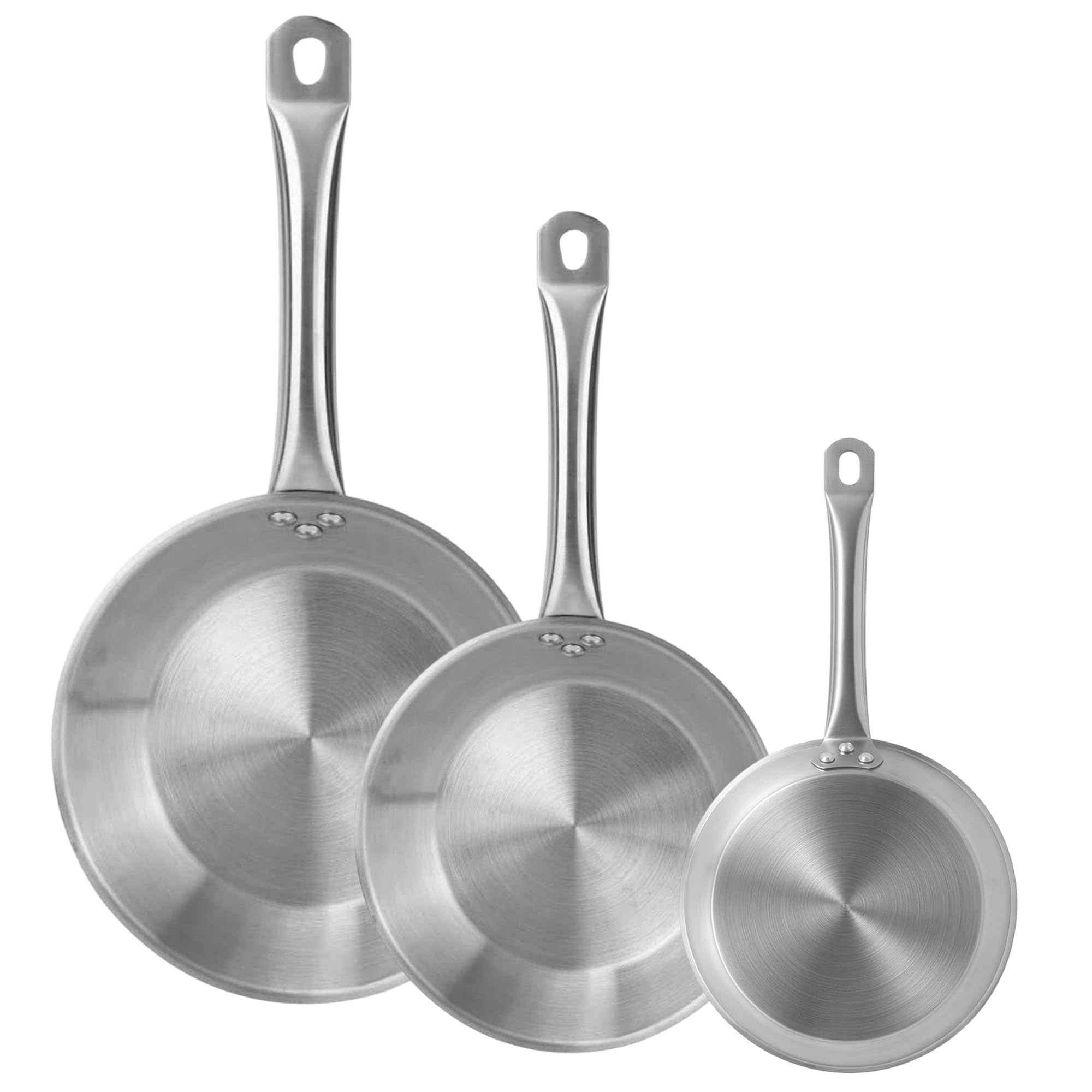 Set di 3 padelle Ø26Ø30Ø34 cm in acciaio inox, adatte per induzione e senza antiaderente