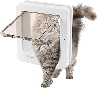 Electronic Cat Door with Remote Control, 2 RFID Chip Sensor Collars, Intelligent Pet Door for Cats/Small Dogs (up to 11 kg), 4 Modes, Weatherproof, Easy Assembly (White, ABS) 26.3 x 2 x 29.79 cm product image
