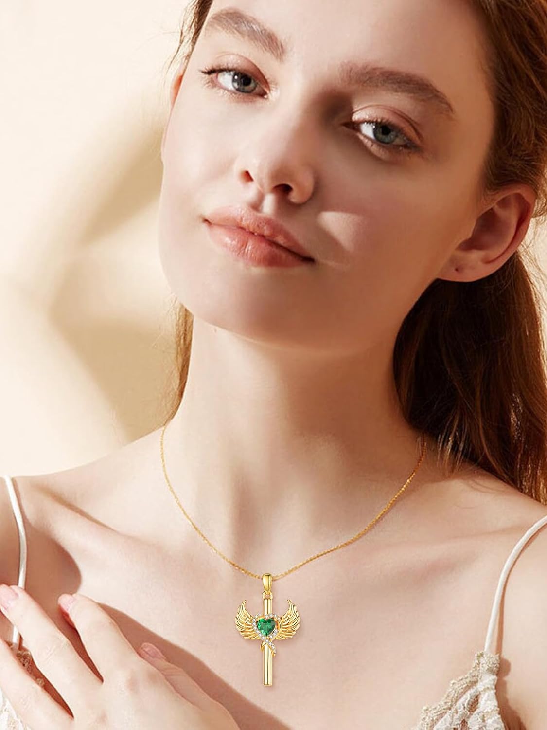 Lmoneta 14K Gold Guardian Angel Wings Cross Necklace for Women,Heart Cross Birthstone Pendant,Religious Jewelry Christmas Birthday Gifts for Her - Image 4