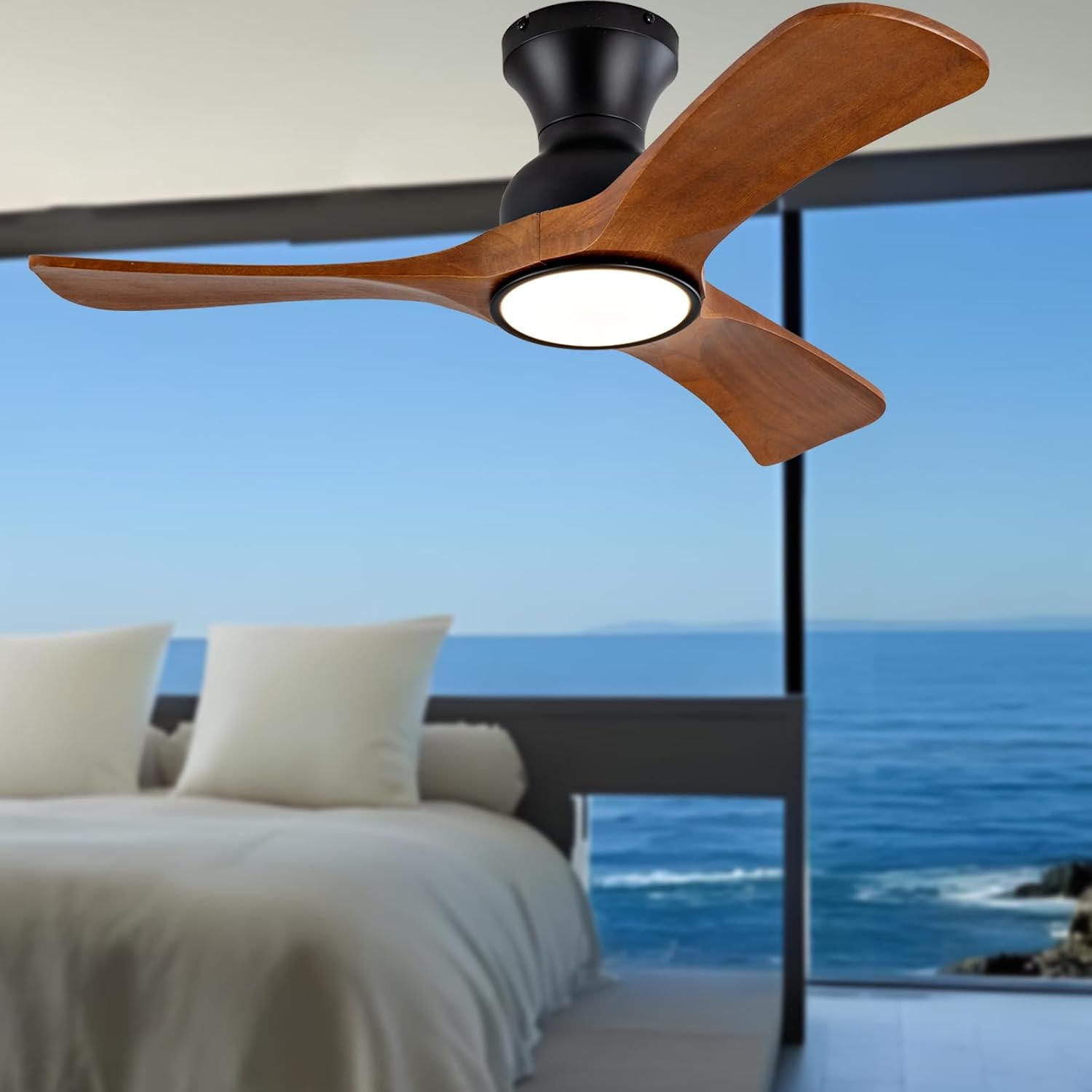 Ceiling Fans with Lights, 36 Inch Ceiling Fan of Modern Low Profile, Flush Mount Fans, 3CCT, Noiseless, 3 Blades Solid Wood,Walnut Fan Light for Kid's Rooms, Bedroom, Living Room and Garage Black Walnut + Flush Mount 36 inch