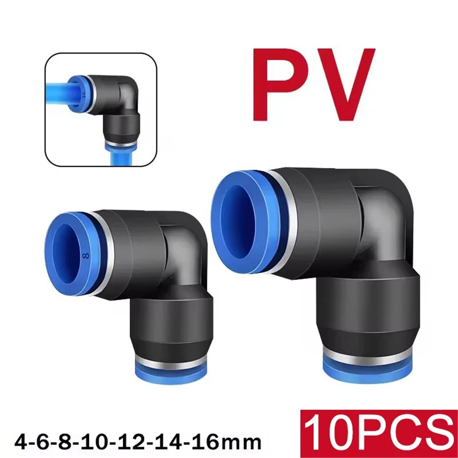 Kolanko pneumatyczne z tworzywa sztucznego 90 stopni z szybkim połączeniem do rur 4 mm, 6 mm, 8 mm i 10 mm (10 szt.) (PV-12, 10 szt.)
