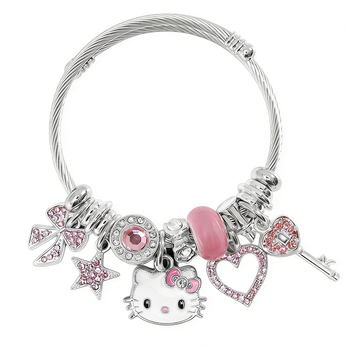 Kitty Bracelet for Woman, Kawaii Bracelet for Girls, Rhinestone Silver Bracelets for Women, Stainless Steel Cute Cartoon Bangle Birthday Christmas Gift for Girls Ladies