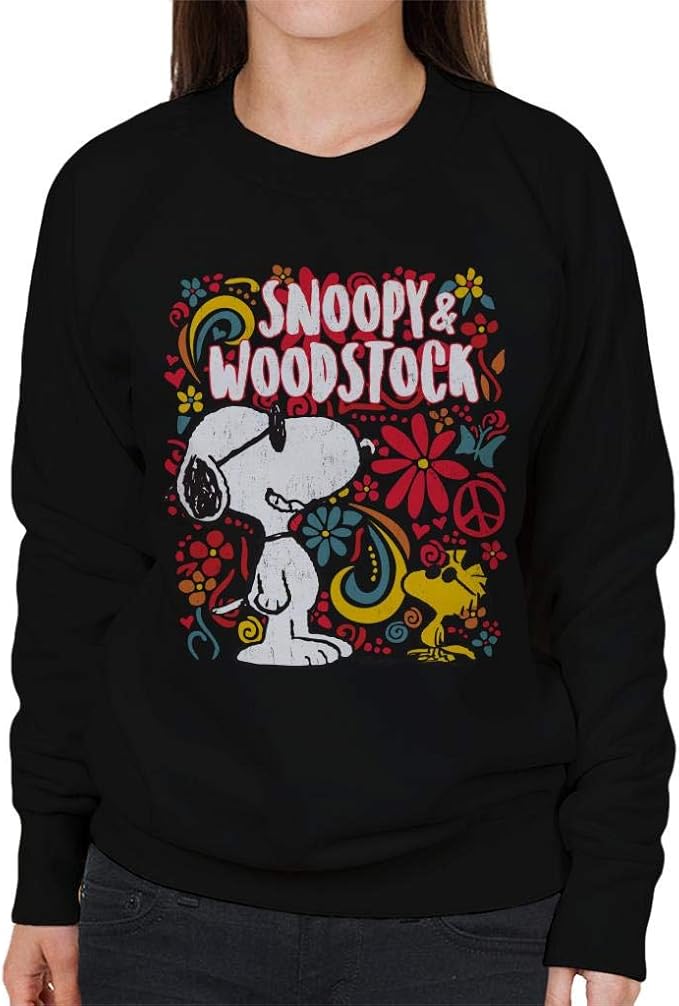 Peanuts 70s Floral Snoopy and Woodstock Women's Sweatshirt Amazon.co