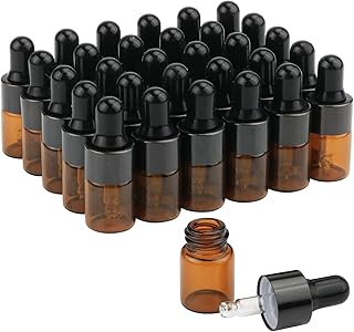 30Pcs Amber Glass Dropper Bottles Mini Empty Sample Vials Essential Oil Dropping Bottles Perfume Jars Cosmetic Container with Glass Eye Dropper and Black Caps (2ml)