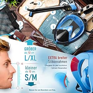 Schnorchelmasken 61yPom8kmnL. SS300 ✅𝗠𝗔𝗫𝗜𝗠𝗔𝗟𝗘𝗦 𝗦𝗖𝗛𝗡𝗢𝗥𝗖𝗛𝗘𝗟𝗘𝗥𝗟𝗘𝗕𝗡𝗜𝗦: Entdecken Sie die Unterwasserwelt mit dem klaren Panoramablick unserer Vollgesichts Schnorchelmaske und mehr Sicherheit für besonderen Schnorchelspaß!
✅𝗩𝗢𝗟𝗟𝗘𝗥 𝗗𝗨𝗥𝗖𝗛𝗕𝗟𝗜𝗖𝗞: Das flache Visier sorgt für klare Sicht & Sie haben die Möglichkeit, ein LED-Unterwasserlicht oder eine Action Cam am integrierten Befestigungsschuh anzubringen.
✅𝗕𝗥𝗘𝗔𝗧𝗛𝗘 𝗘𝗔𝗦𝗬: Müheloses Atmen ist durch die 360° Dreh- & Wende-Funktion des Schnorchels möglich. Entscheiden Sie wie Sie am bequemsten schnorcheln möchten.
✅𝗣𝗘𝗥𝗙𝗘𝗞𝗧𝗘 𝗣𝗔𝗦𝗦𝗙𝗢𝗥𝗠: Die Maske ist in zwei versch. Größen erhältlich. L/XL > 12 cm, S/M
✅𝗦𝗠𝗔𝗥𝗧𝗘𝗦 𝗗𝗘𝗦𝗜𝗚𝗡: Atmen Sie über zwei Kanäle ein und aus. Das erleichtert das Atmen und verhindert eine Pendelatmung. Durch den smarten Quick-Clip ist das Auf- und Absetzen mega easy.