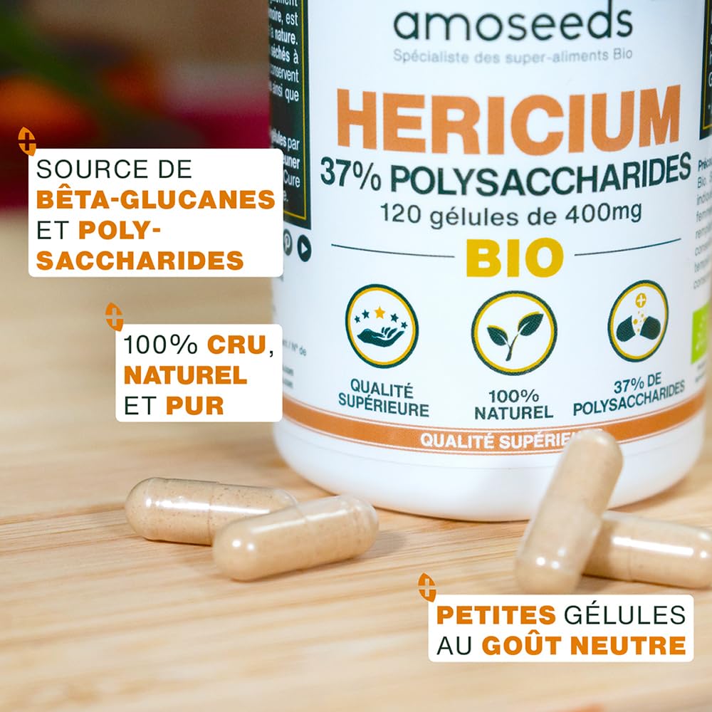Hericium Erinaceus BIO | Champignon de la Mémoire | Hautement Dosé, 37% Polysaccharides | 120 gélules vegan | Lion’s Mane, Vegan, Sans Additifs | Qualité Supérieure | Fabriqué en France