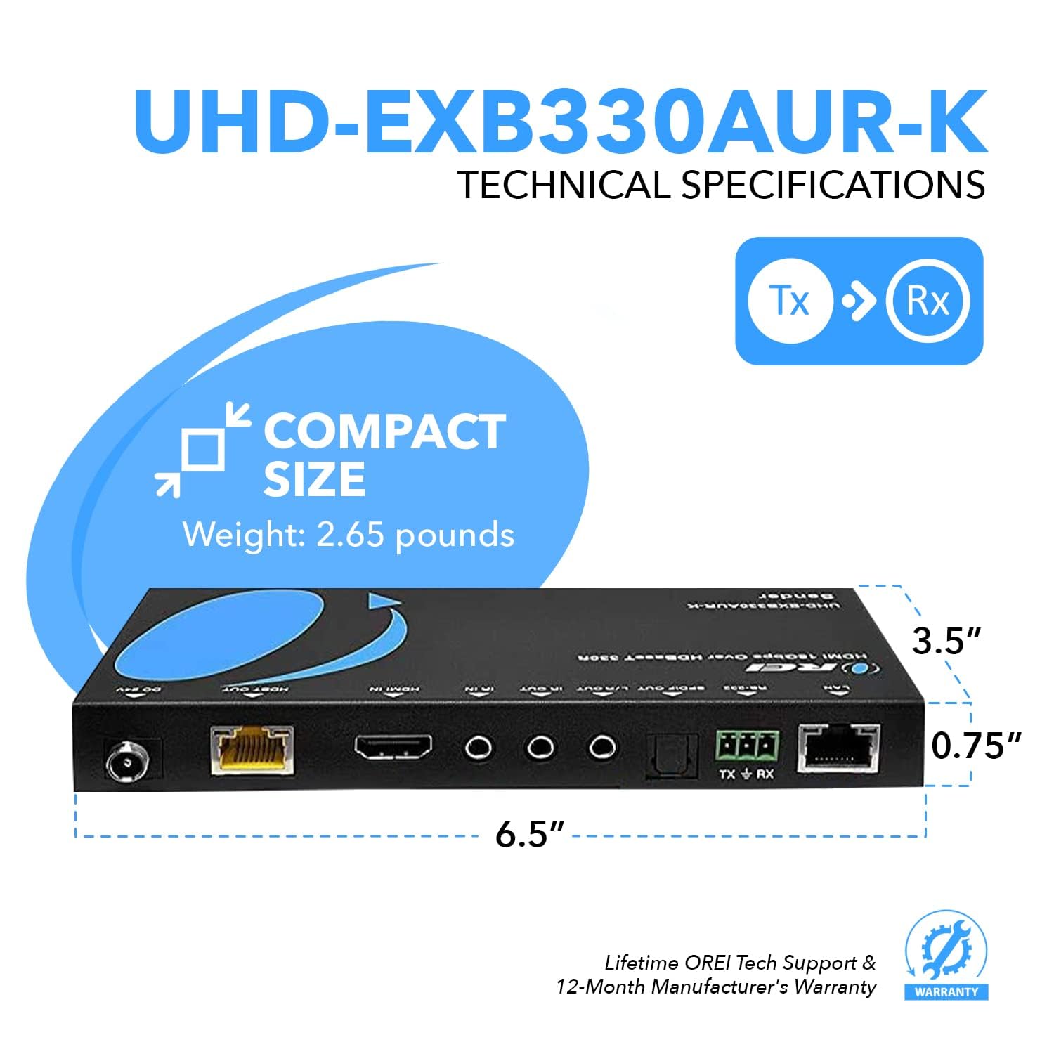 Orei Extensor HDMI 4K ARC Balun - HDBaseT UltraHD 4K @ 60Hz 4:4:4 a través de un Solo Cable CAT5e/6/7 con HDR, LAN, CEC, ARC e IR, RS-232 - hasta 330 pies - Salida de Audio - Cable de alimentación -