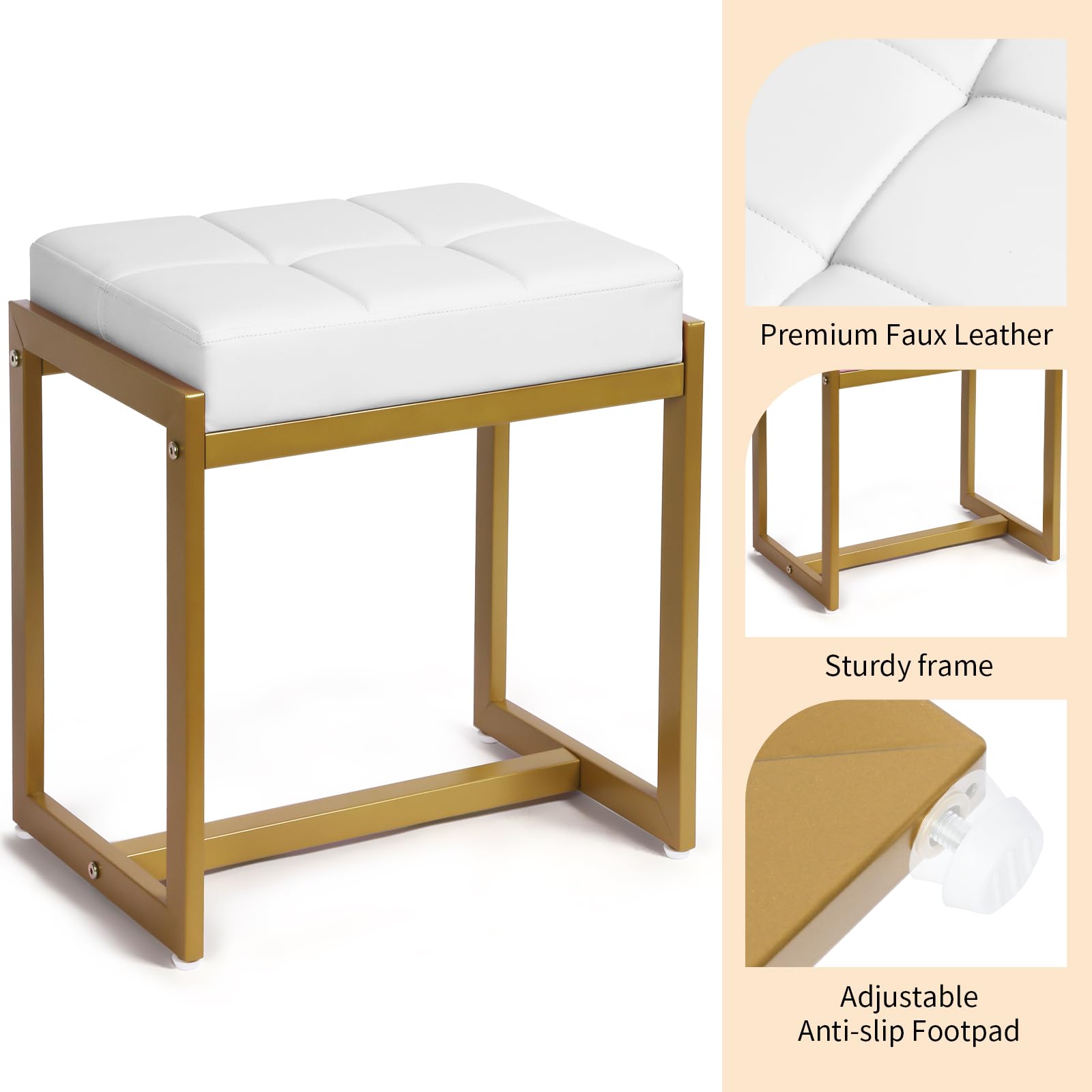 HYCFYJR Taburete De Maquillaje Con Patas De Metal, Pequeño Taburete De Maquillaje De Cuero Sintético, Asiento Rectangular Otomano Reposapiés Para Vanidad, Sala De Estar, Dormitorio, Entrada
