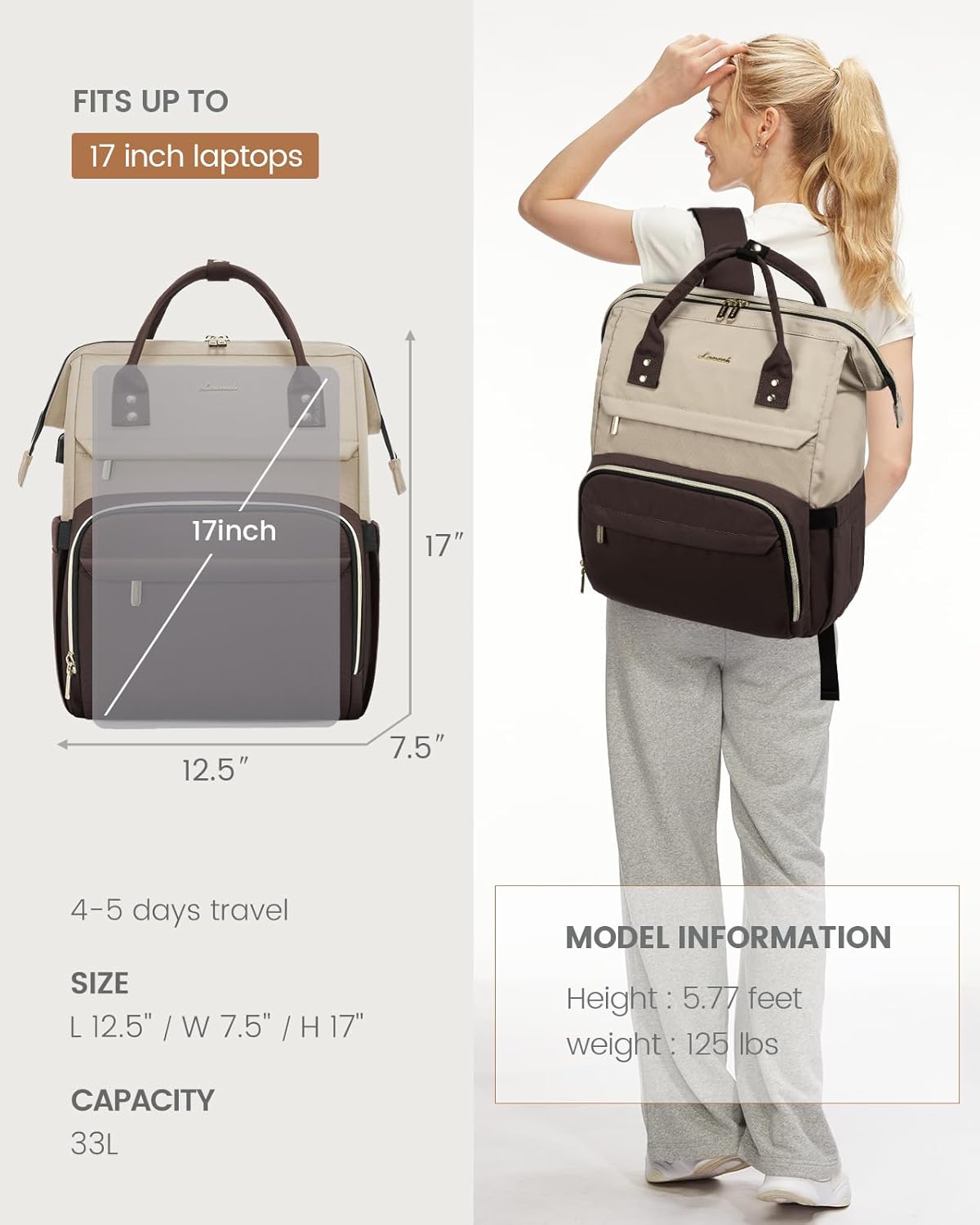 LOVEVOOK Laptop Backpack for Women, Fashion Travel Computer Business Bags, Doctor Nurse Backpack Purse For Work with USB Port, Fits 17-Inch Laptop, Light Apricot-Coffee - Image 5