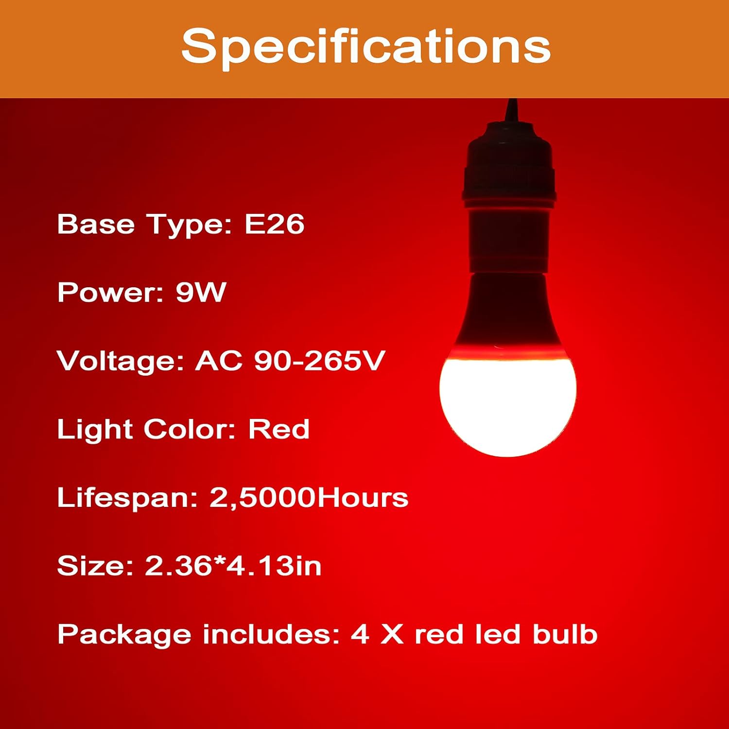 GREENIC Red Light Bulbs 9W (60 Watt Equivalent), 120V E26 Base A19 Red LED Lights for Bedroom, Porch, Holiday, Party, Valentine's Day, Halloween, Christmas, Home (4 Pack)