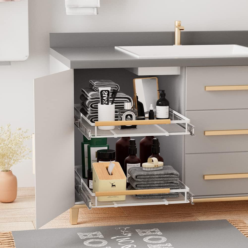 Expandable Sliding Basket Drawer, Pull-Out Cabinet Organizer, Heavy Duty Slide Out Pantry Shelves for Kitchen, Under Sink, Bathroom, Wardrobe, 22''D