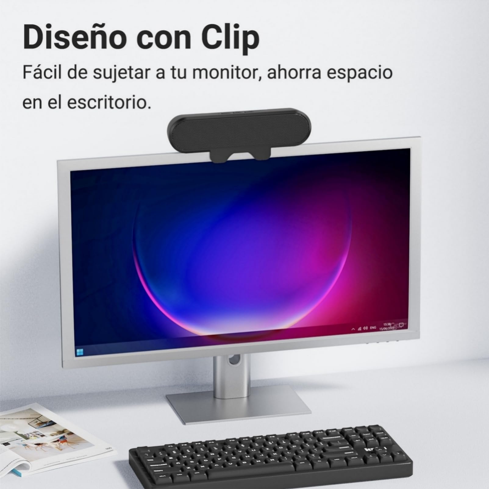 Inwa Altavoz de PC, altavoz USB con clip, 10 W con sonido estéreo HD, para monitor de PC, portátil, teléfono móvil, escritorio, exterior, plug and play (negro)