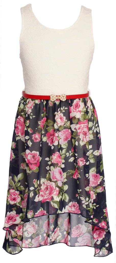 Wonder Girl HMFL Big Girls' Floral Lace Chiffon High Med-Low Dress Belt Set
