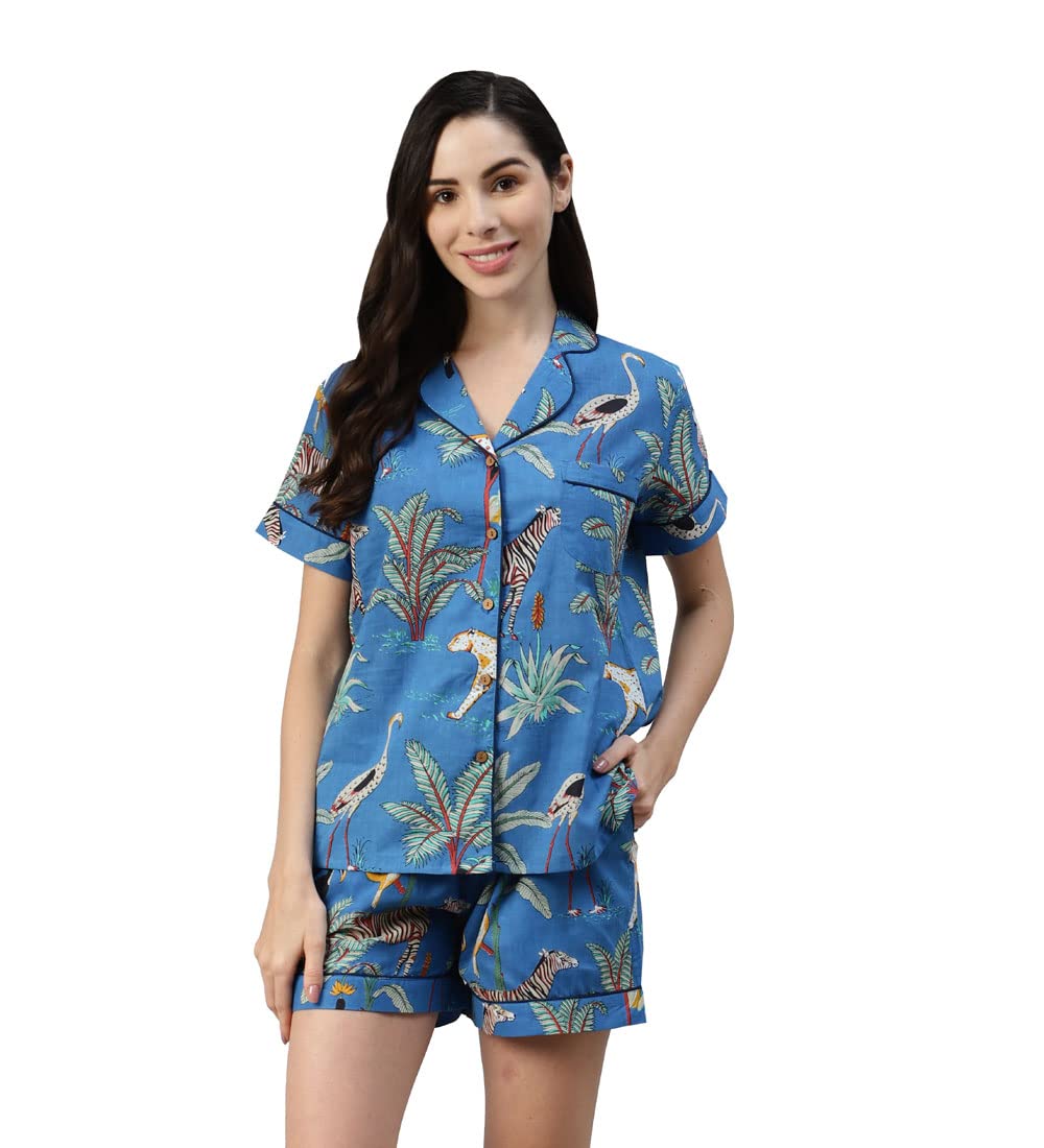 Teal Blue Cotton Animal Print Night Suit-image-26