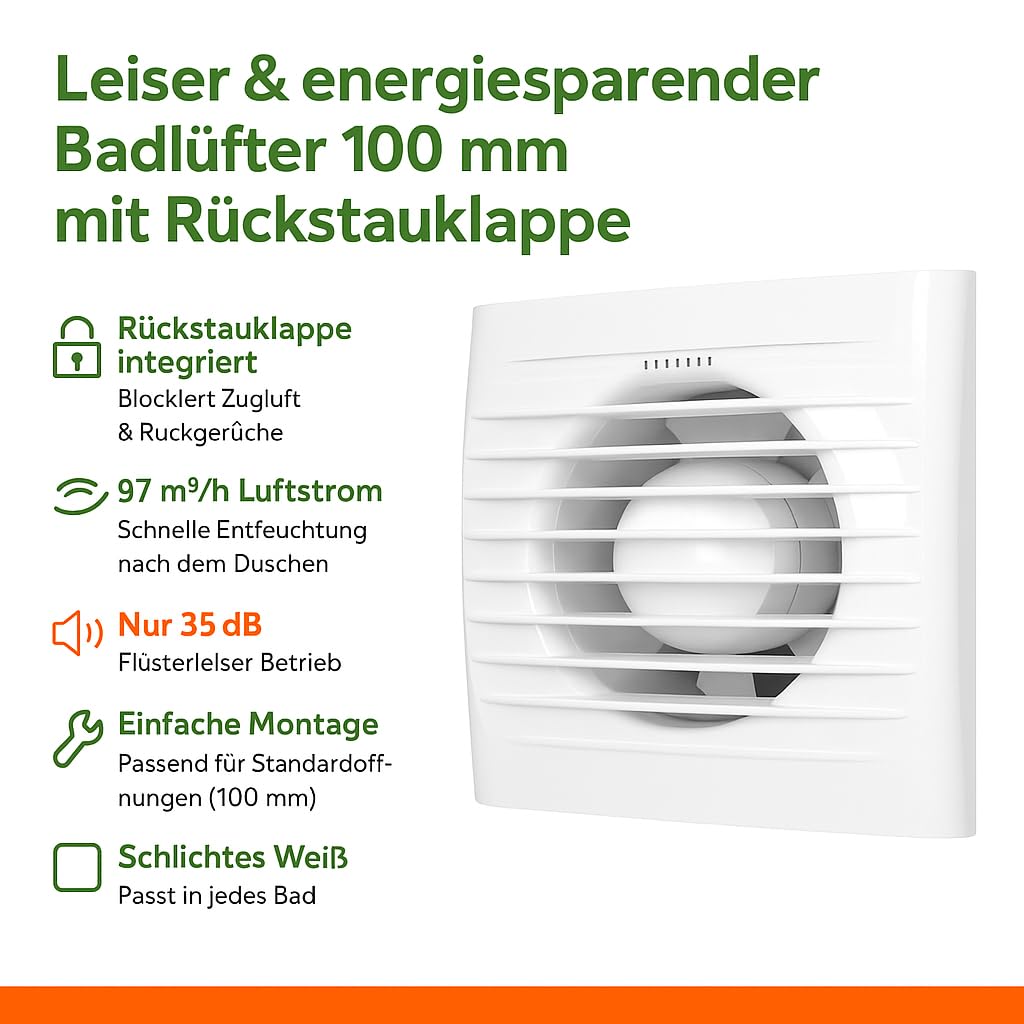 Wentylator wyciągowy 100 mm z zaworem zwrotnym – energooszczędny i cichy wentylator łazienkowy 97 m³/h, 35 dB, 14 W – biały wentylator ścienny do łazienki, WC i prysznica, ochrona przed