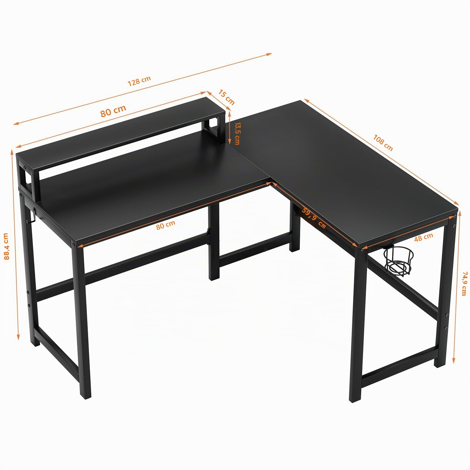 GreenForest Escritorio para juegos en forma de L con portavasos y gancho para auriculares, reversible de 128 cm para computadora con soporte para monitor