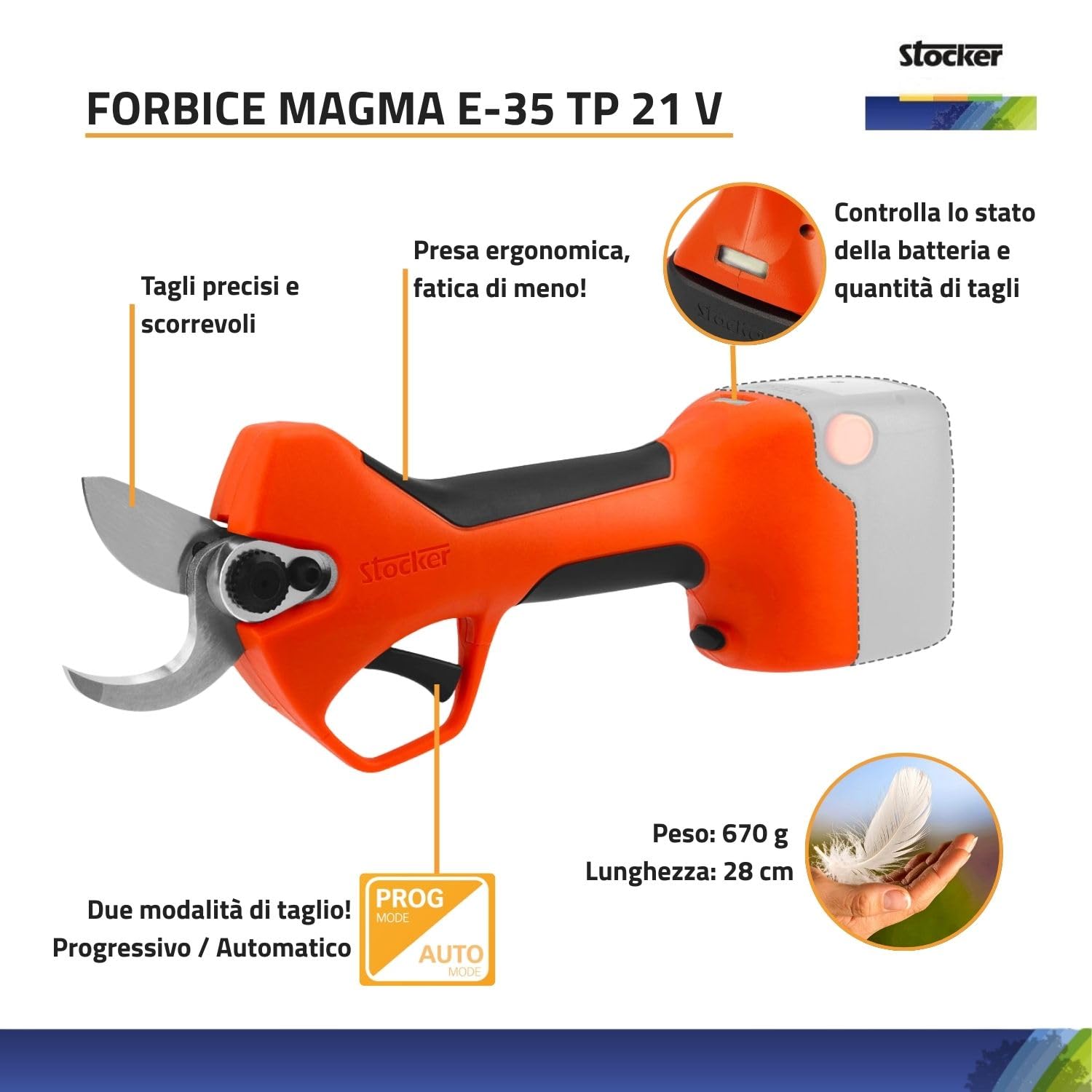 STOCKER - Kit Potatura con Forbice elettrica Magma E-35 TP 21V, Batteria Fast Charge 2,6Ah, Caricabatterie, Olio per manutenzione ed estensione di garanzia fino a 60 mesi – Taglio fino a 35 mm