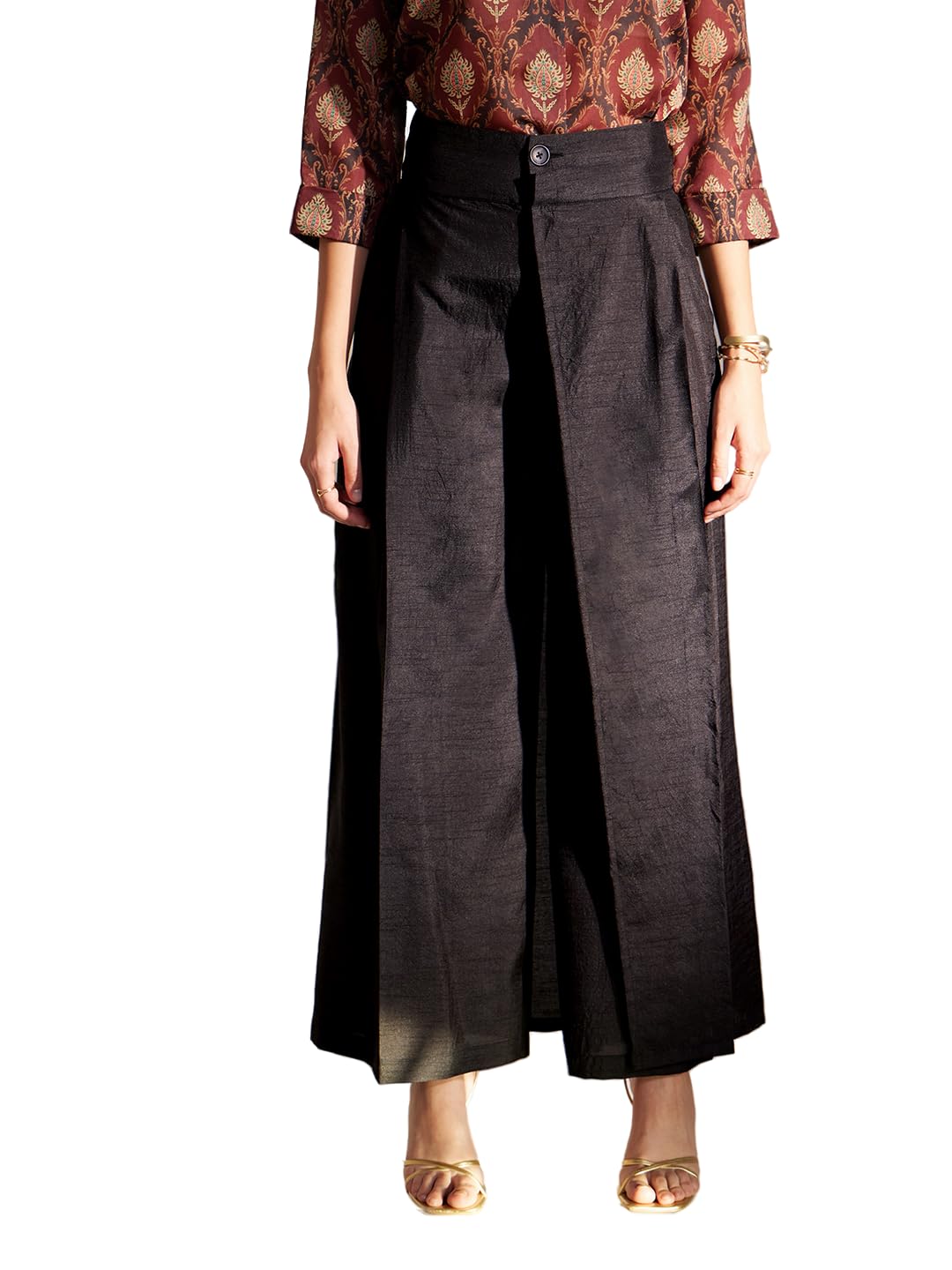 Women Formal Trousers | High-Rise Wide-Leg Pleated Design | Relaxed Fit Solid Style | Woven Plain Weave Fabric for Office Deep Charcoal-image-8