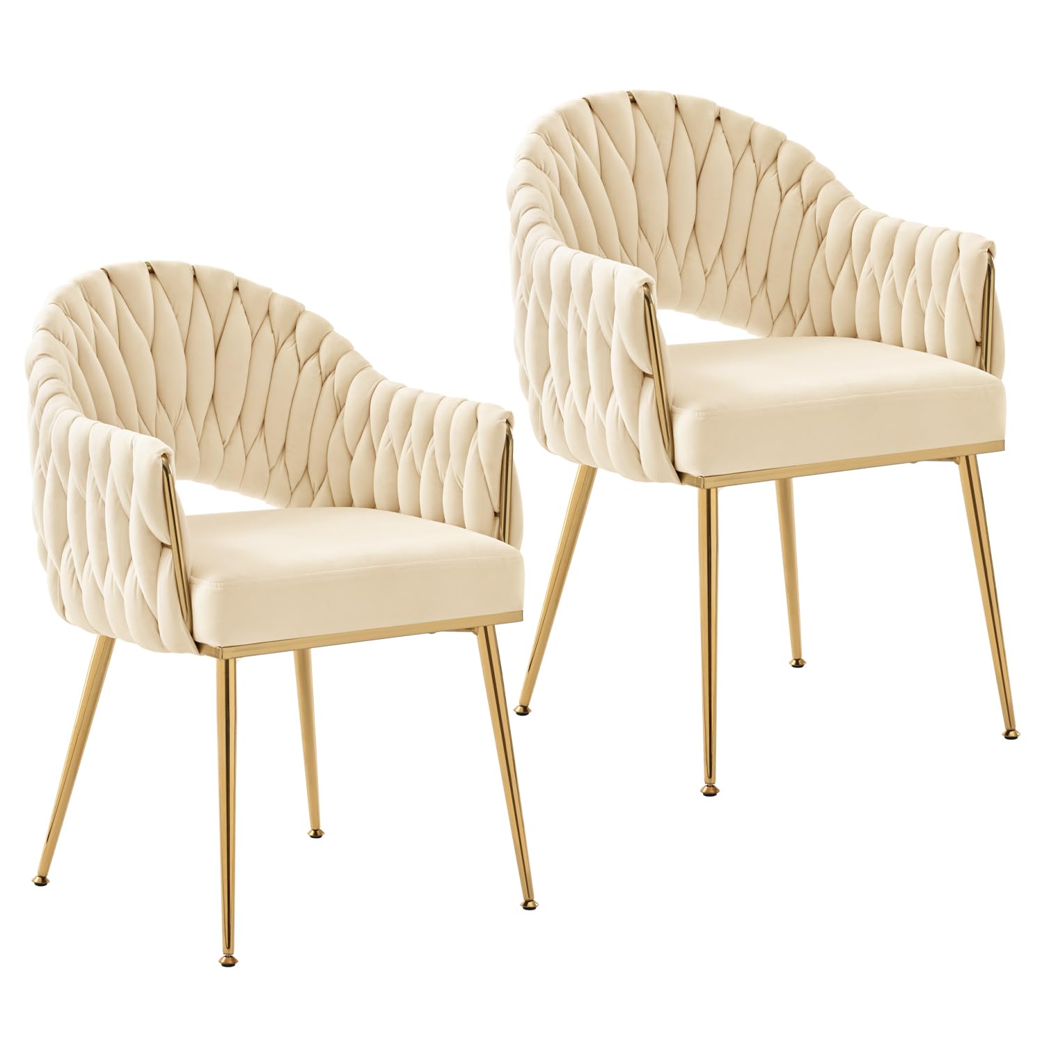 Juego de 2 sillas de Comedor de Terciopelo, sillones de salón, sillas de Comedor con reposabrazos, sillas de Cocina con Respaldo Alto Trenzado a Mano, Silla de tocador con Patas Doradas,Blanco