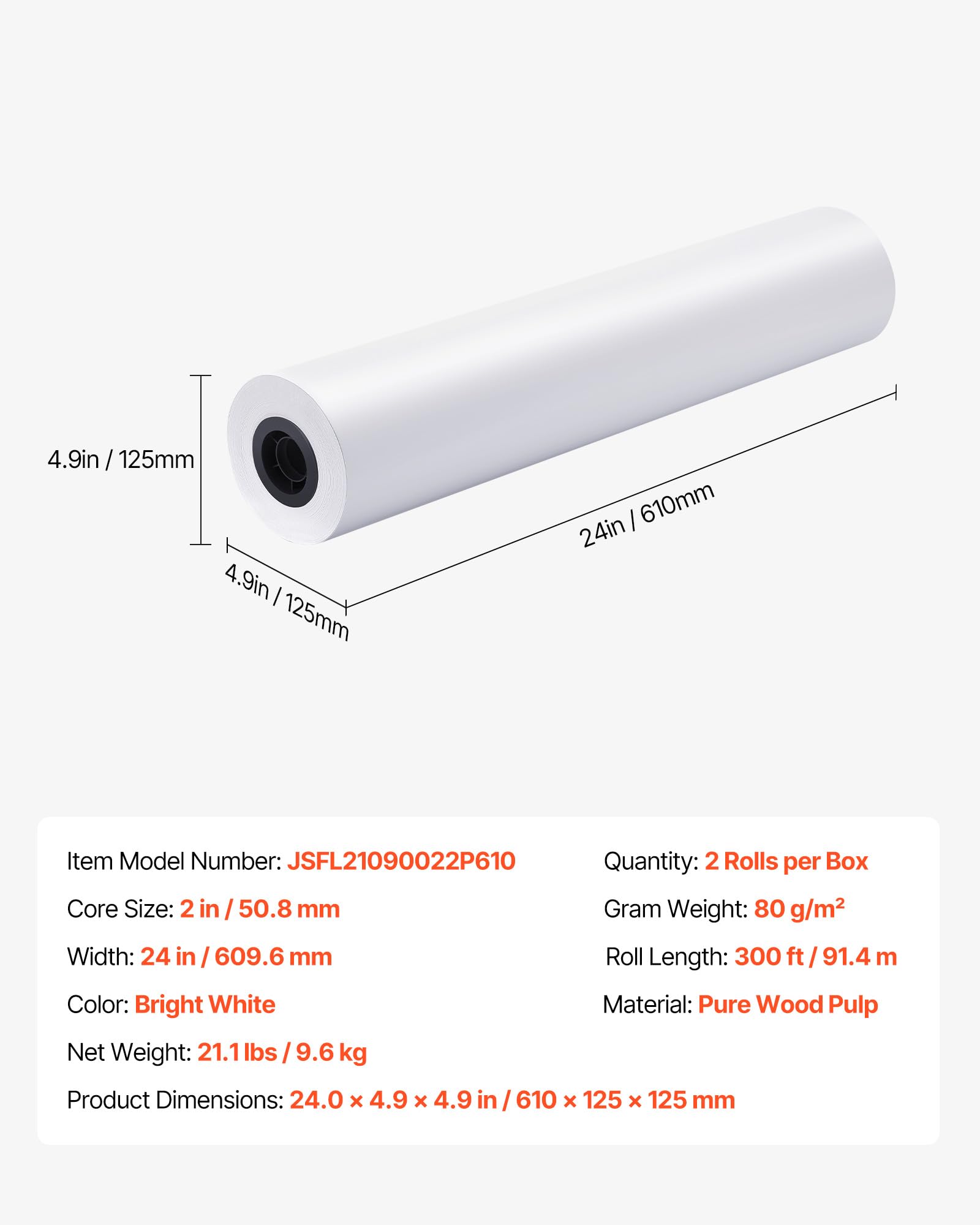 VEVOR Breitformatpapier Papierrollen 609,6 mm (B) / 91,4 m (L), 2 CAD-Papierrollen 20 lb Plotterpapierrollen ideal für CAD-Zeichnungen technische Pläne GIS-Karten Architekturentwürfe Plotterpapier