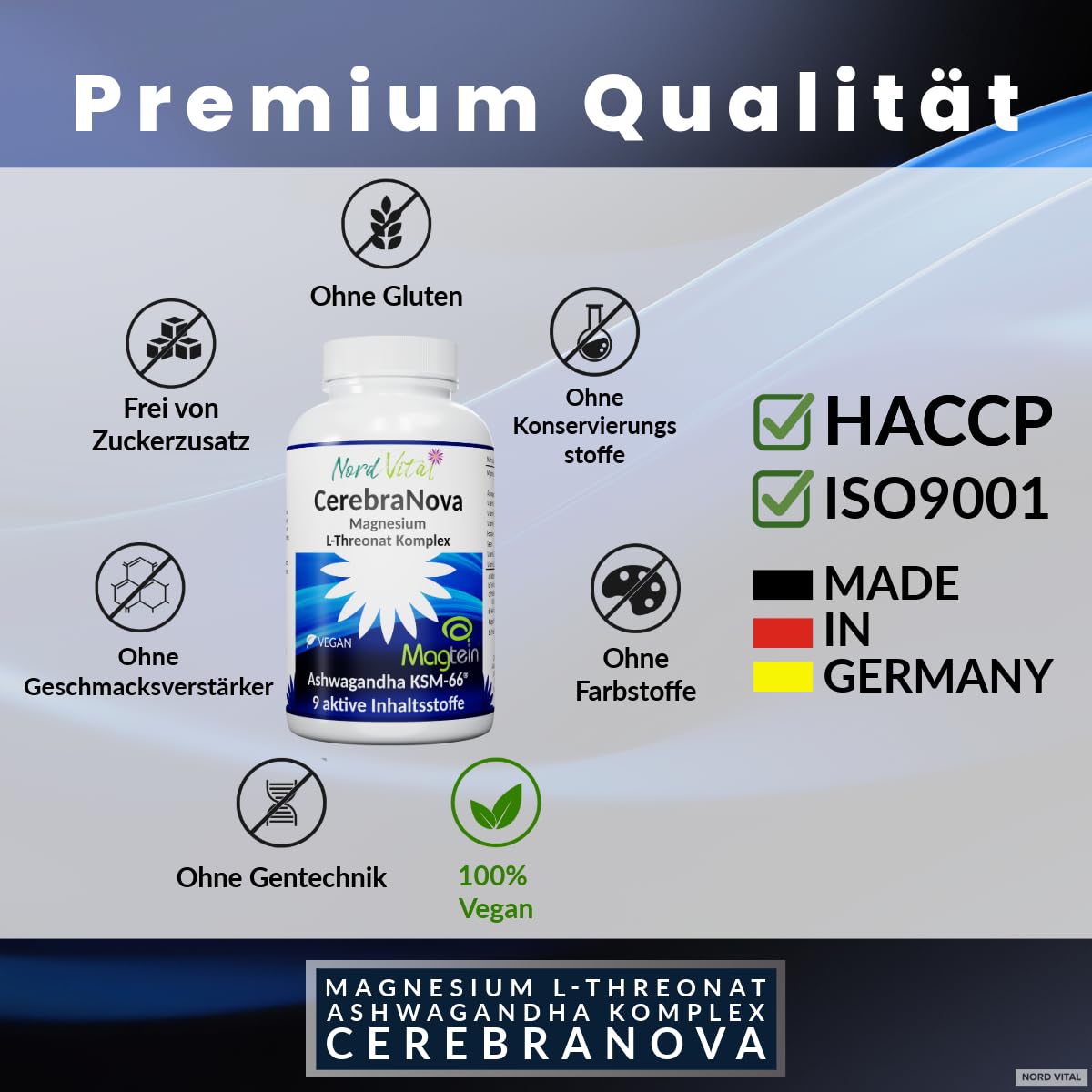 Magnesium Threonate - Magtein & Ashwagandha Komplex – Hochdosiert mit 2000 mg Magtein, 600 mg Ashwagandha KSM-66®, Vitaminen B1, B5, B6, B9, B12, D & Selen – Nord Vital Cerebra Nova - 120 Kapseln