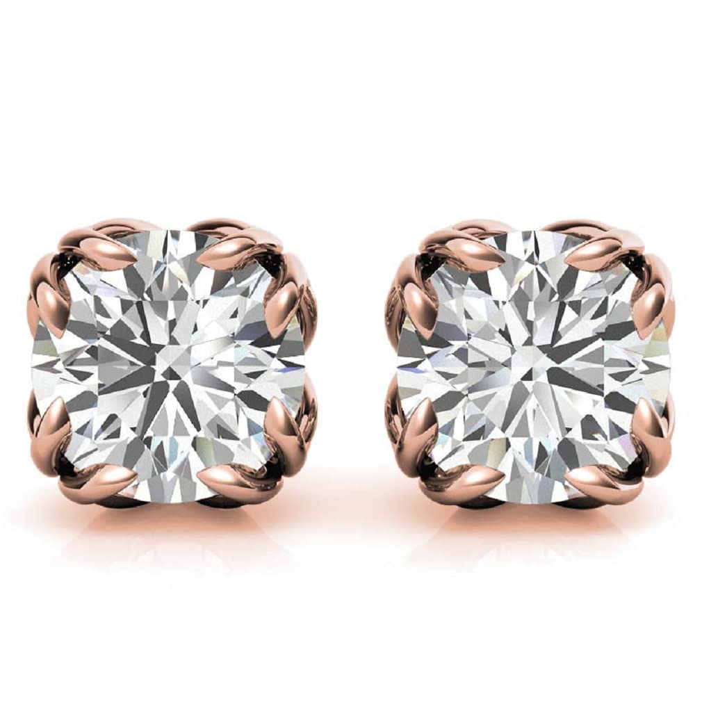 Unique Designer Solid Rose Gold Handmade Earring for Women, 3 TCW Round Cut Diamond Moissanite Engagement Earring, Stud Solitaire Earring, Birthday/Christmas Gifts, Push/Screw Back