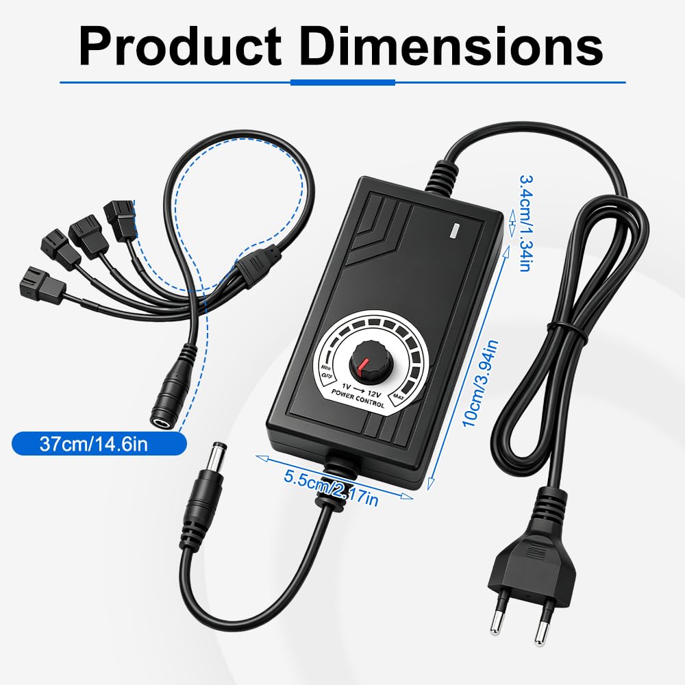 Controlador de ventiladores PWM de 4 pines + Fuente de Alimentación de 12 V, Controlador de Ventiladores de 12 V con Cable Divisor 1 a 4, 100–240 V CA a 3–12 V CC, 24 W, para Ventiladores