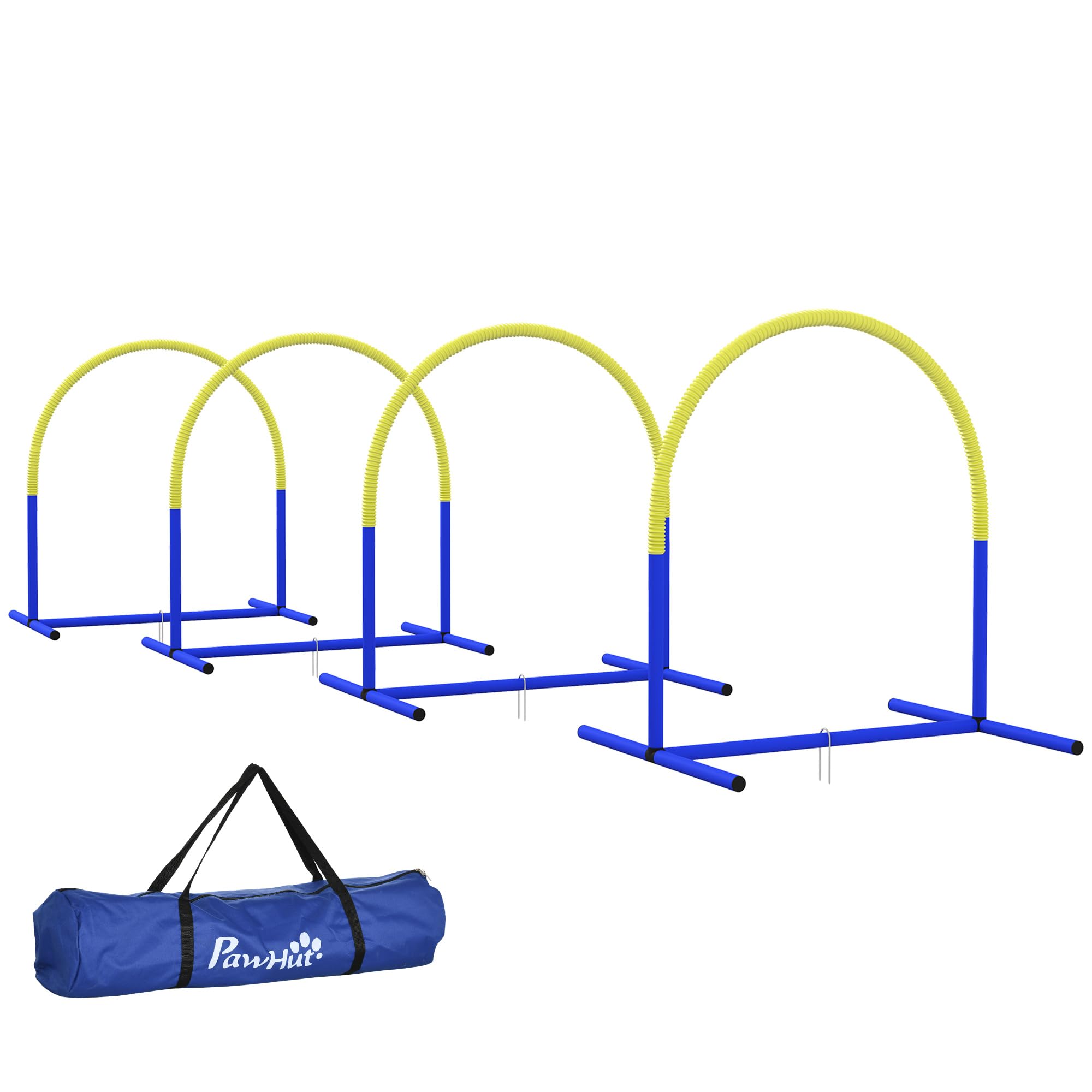 PawHut Set Agility Dog 4 Archi Componibili Borsa Trasporto Attrezzatura Percorso Addestramento PE ABS 88x64x95 cm Blu Giallo