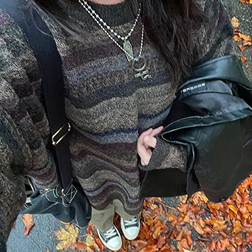 Winter 90s Grunge Aesthetic Streetwear Sweater Retro Y2k Vintage Gothic Loose Women Knit Pullover Striped Jumper4