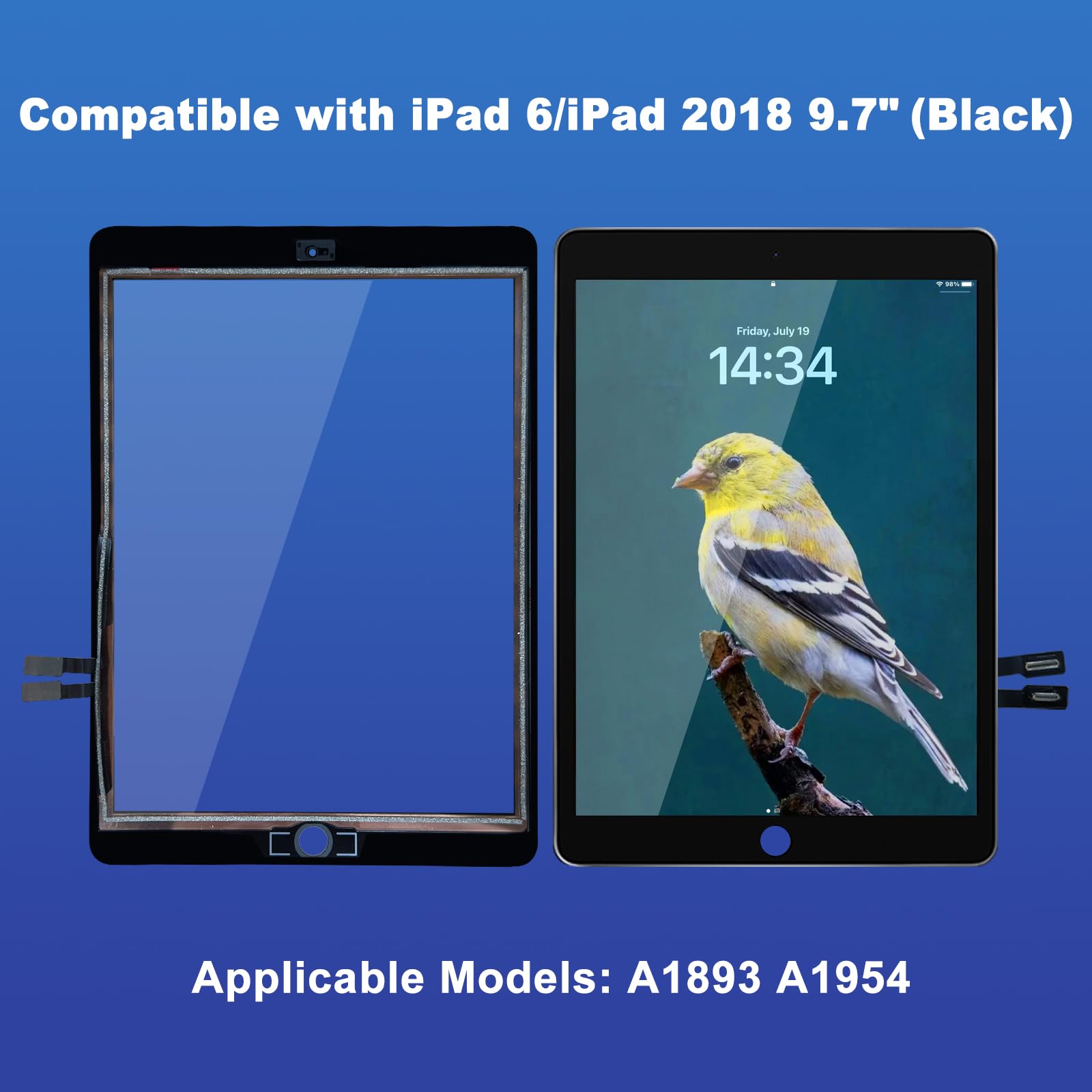 NB+ Reemplazo de pantalla para iPad de 6ª generación de 9.7 pulgadas, digitalizador de pantalla táctil 2018, adhesivo preinstalado (modelo: A1893 A1954), color negro