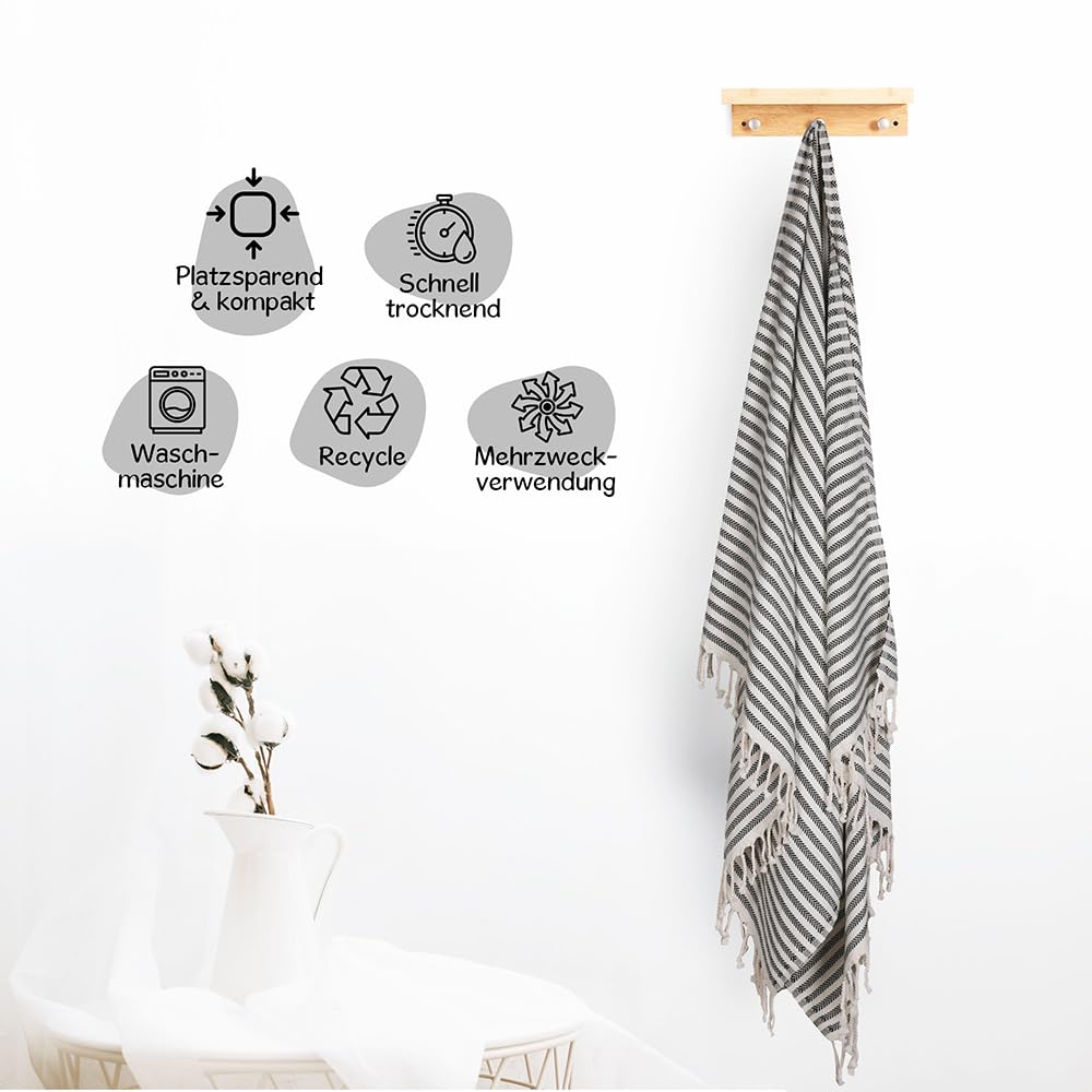 Ręcznik hammam w paski, 100 x 180 cm, dla kobiet i mężczyzn, ręcznik plażowy, 100% bawełna, lekki i chłonny, orientalny ręcznik kąpielowy (czarny)