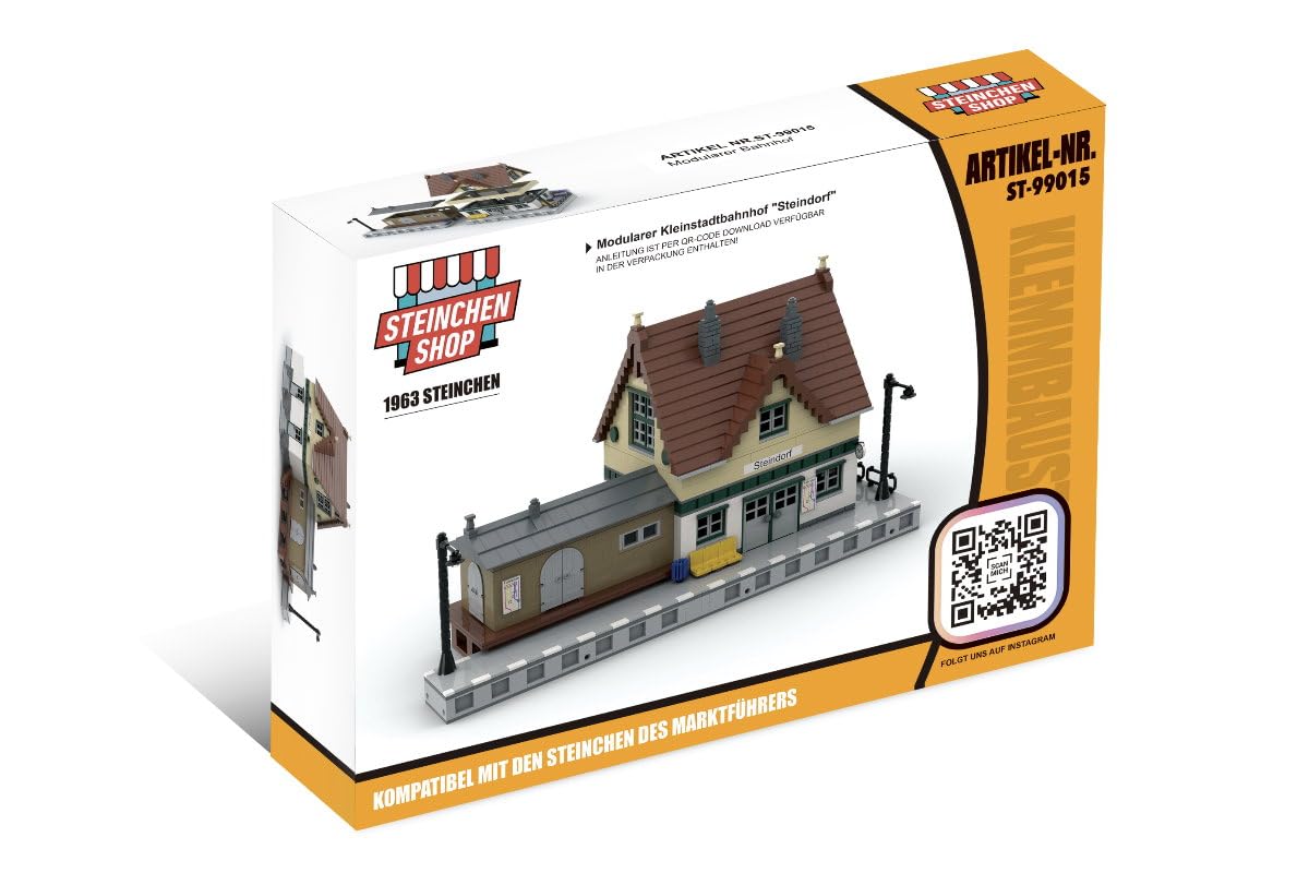 Petite ville modulaire de la gare de Steindorf - 1 963 blocs de serrage - 48 x 24 x 27,5 cm - Accessoires de ville détaillés - Avec pierres imprimées - Compatible avec les systèmes de