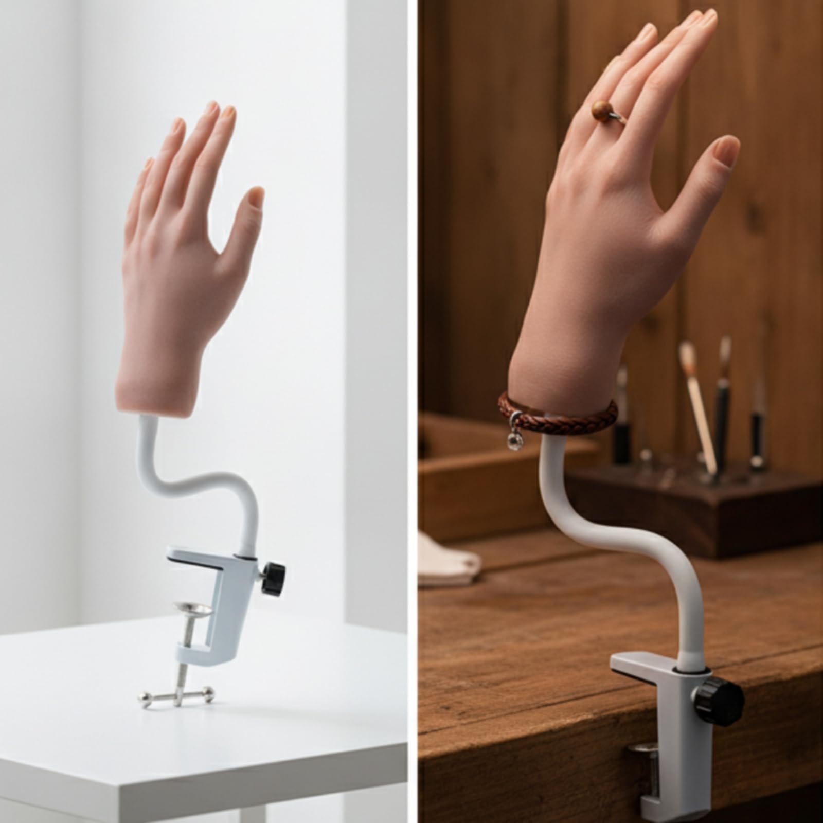 Manichino per Allenamento Unghie Mano Finta Modello Allenamento Manicure in Silicone Pieghevole con Dita Posizionabili E Fissaggio da Tavolo Adatto, Mano Sinistra
