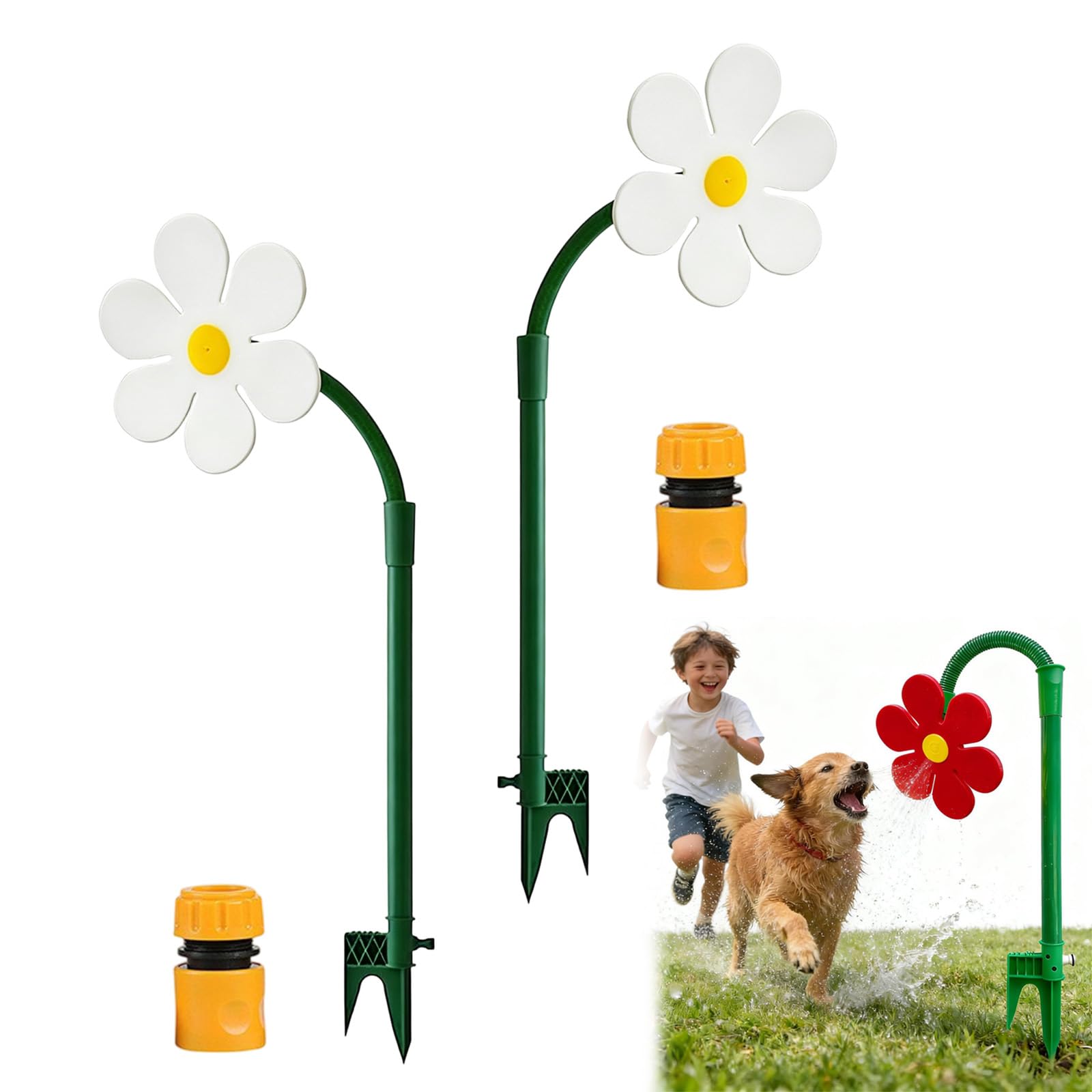 Crazy Daisy Sprinkler, 360° Rotating Dancing Flower Water Sprinkler, Spinning Sunflower Sprinkler with Adapter, Fun Irrigation Tool for Yard Watering, Kids & Pets Outdoor Water Play (2PC-C)