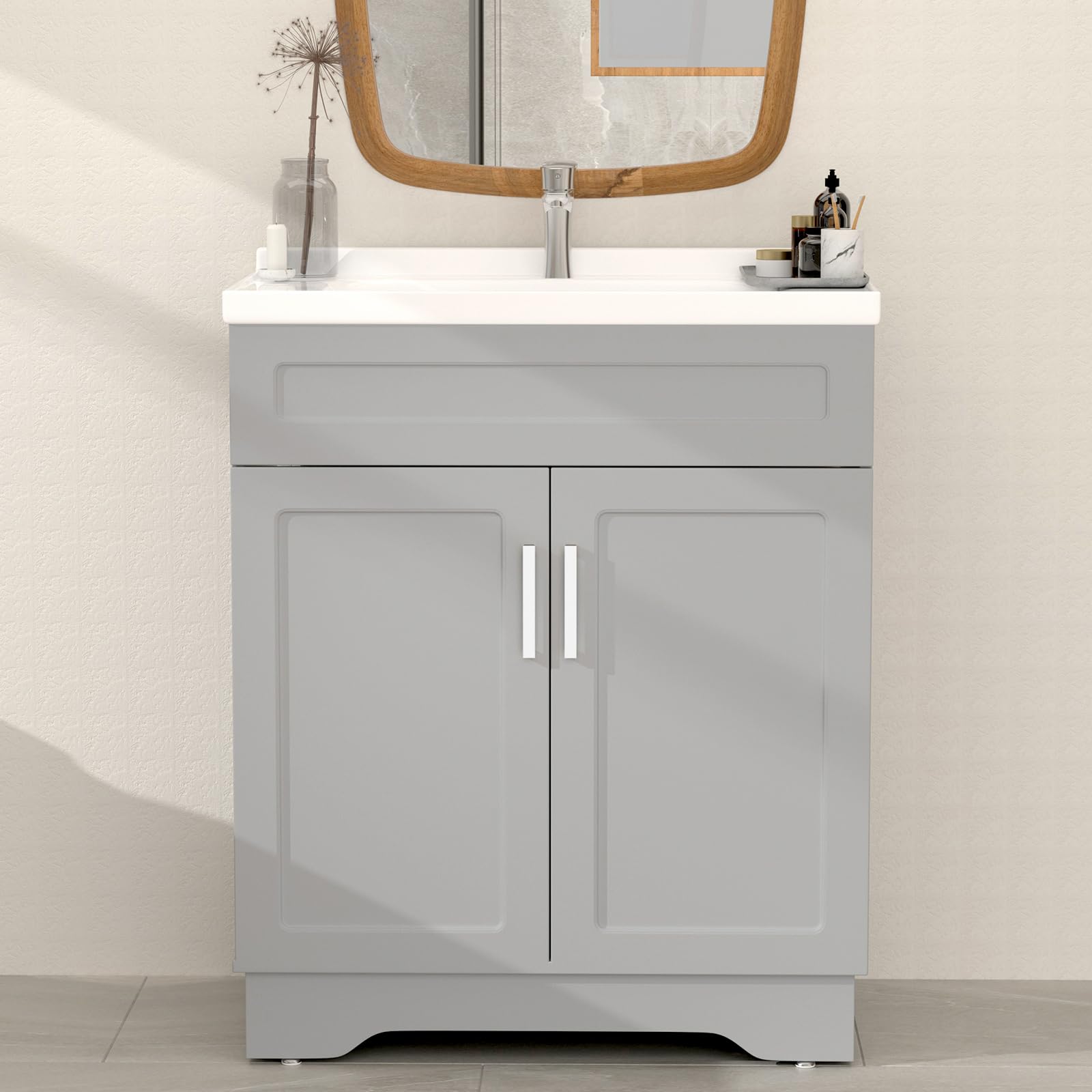 Smhxo Bathroom Vanity with Ceramic Sink, 32 Inches Wooden Cabinet with Sink, Grey