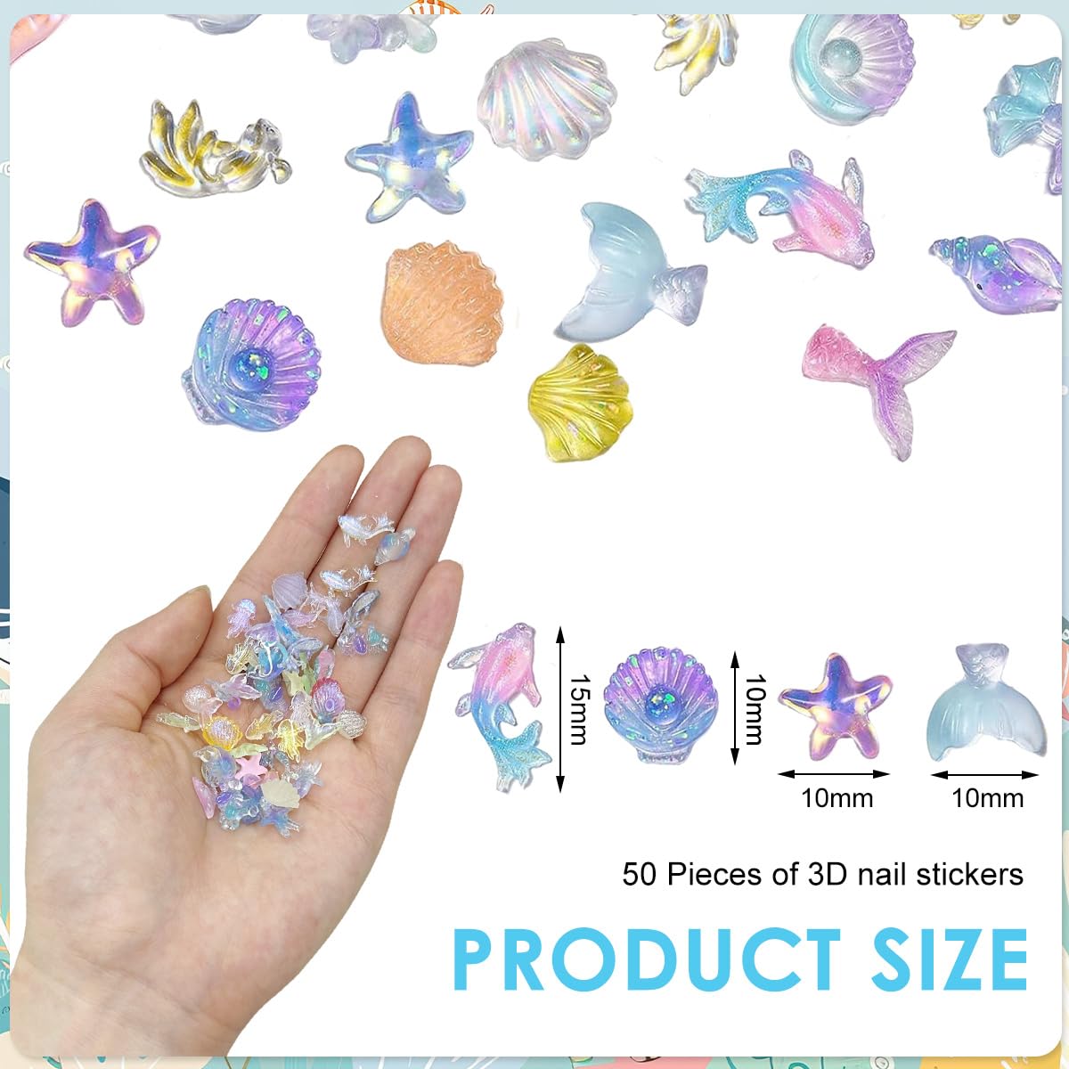MAYCREATE® 50PCS Summer Beach Nail Resin Charms Ocean Theme Nails Rhinestone Diamonds 3D Starfish Charms Sea Shell Starfish Dolphin Fishtail Nails Gem for Women DIY Nail Art Decoration - Image 2 thumbnail