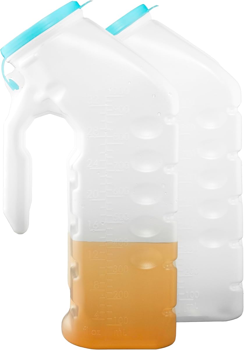 Male Urinal with Glow in The Dark Lid (2 Bottles) 32 Oz Urine Bottles for Men - Pee Bottles for Hospitals, Emergency and Travel