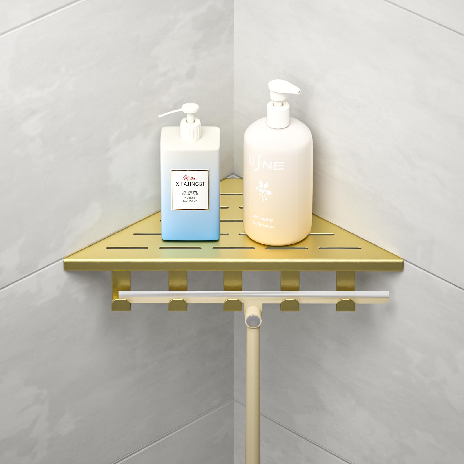 Estantería esquinera de Ducha con Ganchos de Acero Inoxidable 304, para Paredes de Azulejos, empotrable, para renovación de baño,el Dorado | Estante de ducha de 25,4 cm para renovación de baño, estante de esquina para pared de azulejos, color dorado