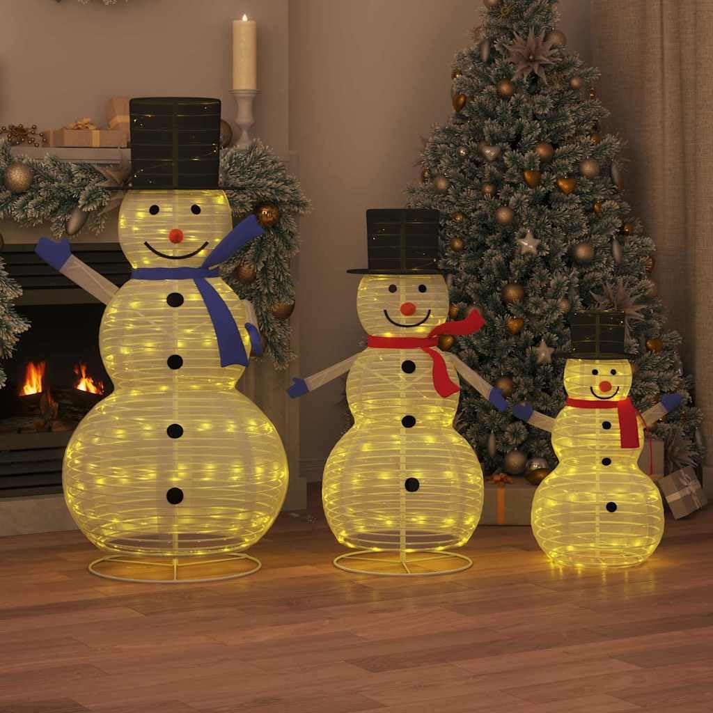 Weihnachts-Schneemann Familie 3 pcs Warmes Weiß Stoff, 270 LED Lichter, USB betrieben, Innen Außen Dekoration, Verschiedene Größen für Festliche Weihnachtsdeko Wohnzimmer Terrasse
