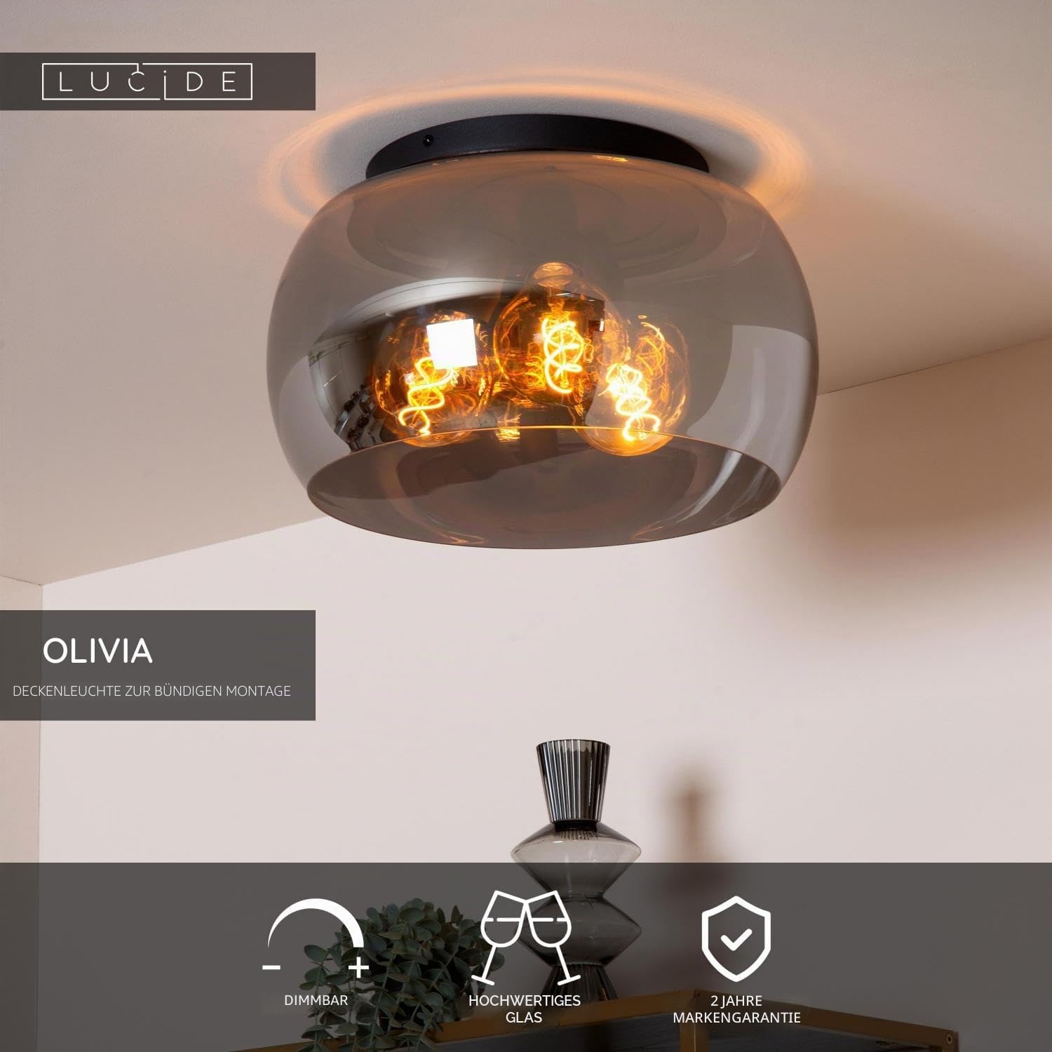 LUCIDE OLIVIA - Deckenleuchte - Ø 40 cm - 3xE27 - Rauchfarbe Grau, Schwarz